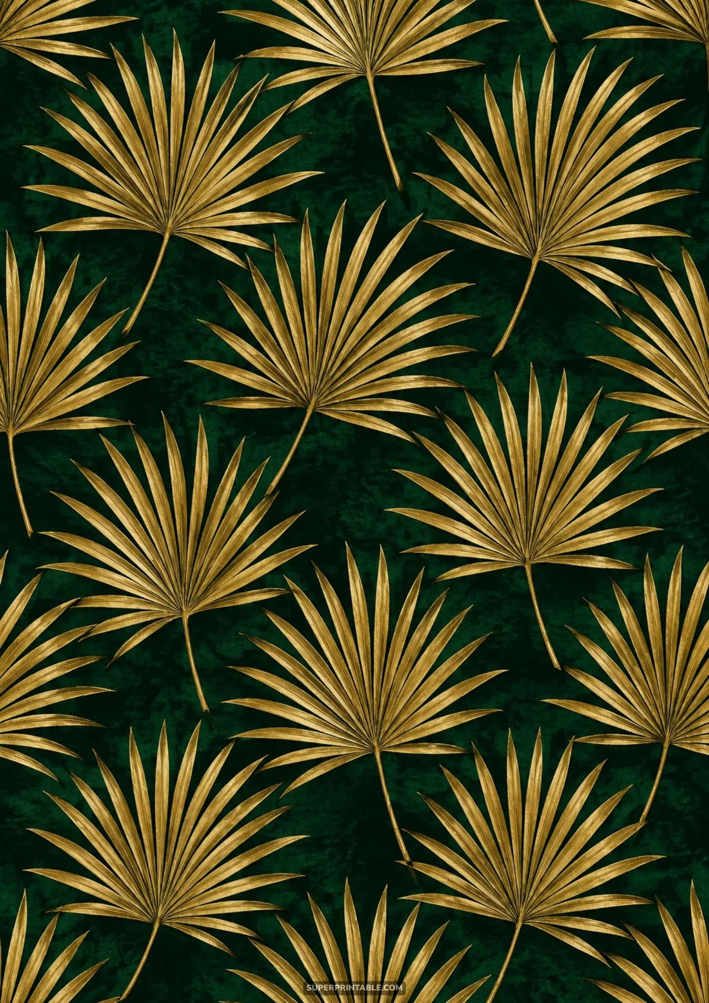 Luxury seamless pattern of golden fan palm fronds on dark emerald green