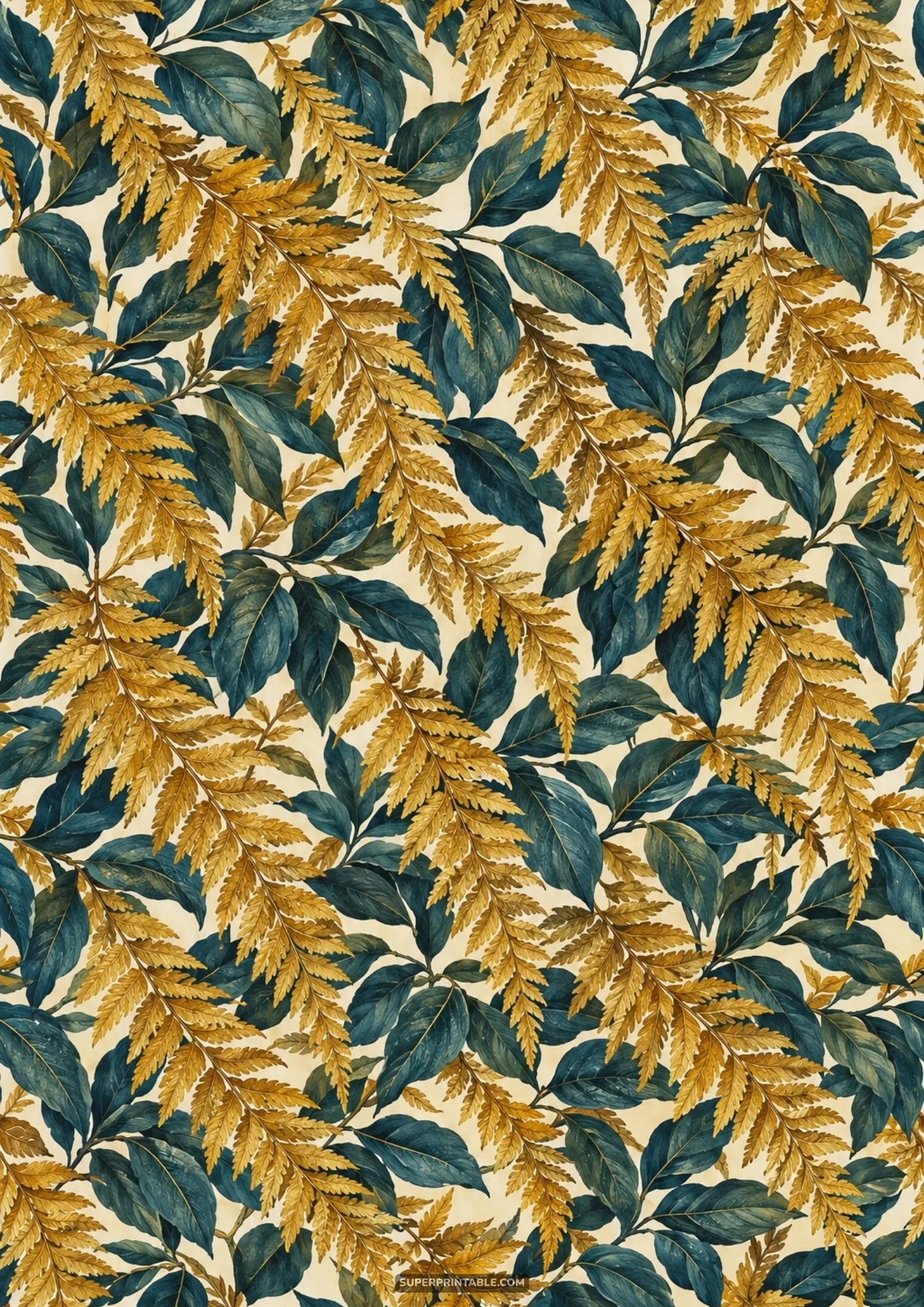 Detailed golden amber fern fronds woven together with dark teal blue botanical leaves on light paper