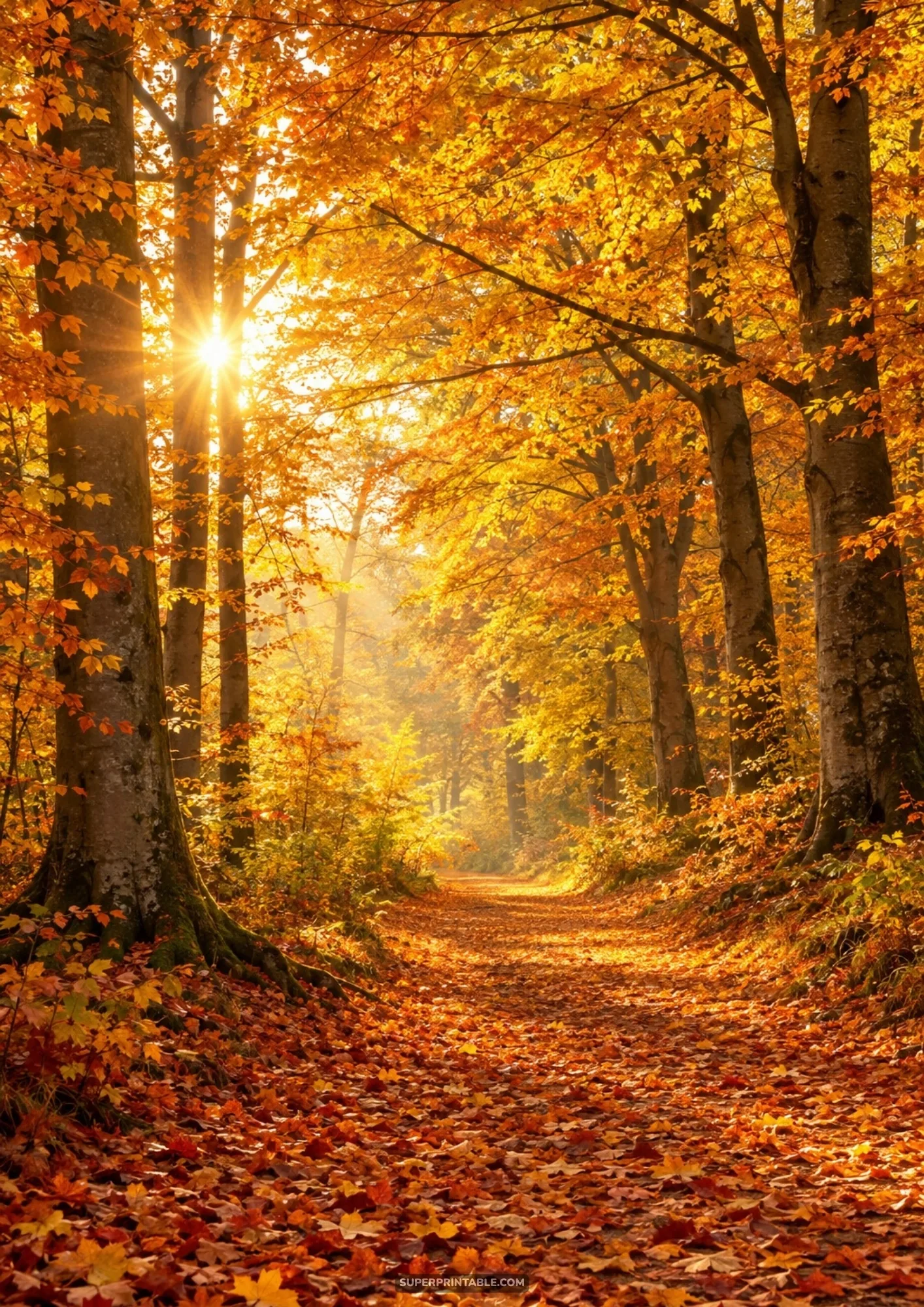 Scenic forest road covered in fallen golden maple leaves with radiant morning sunbeams streaming through tall trees.