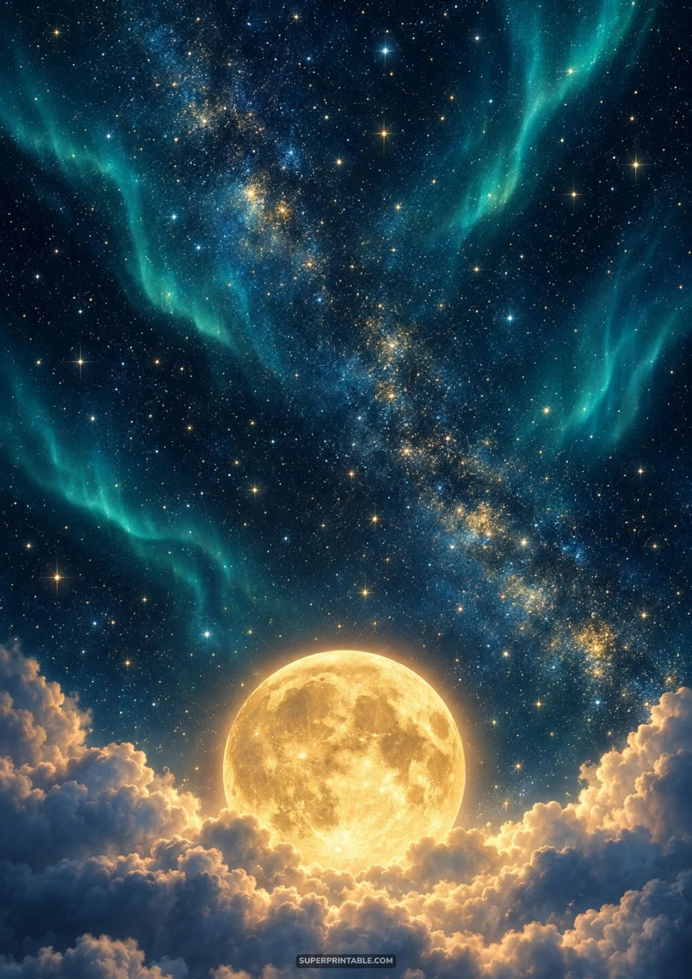 Giant radiant golden full moon rising over clouds beneath teal aurora borealis curtains and the Milky Way