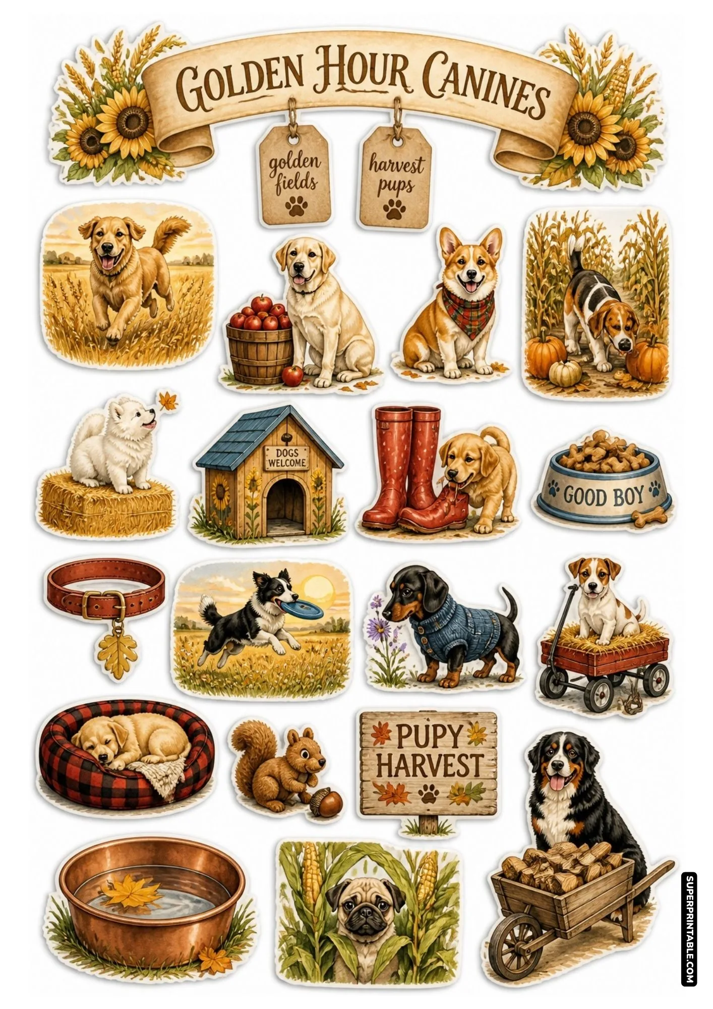 Autumn dog sticker sheet featuring corgis, golden retrievers, and autumn pumpkins.