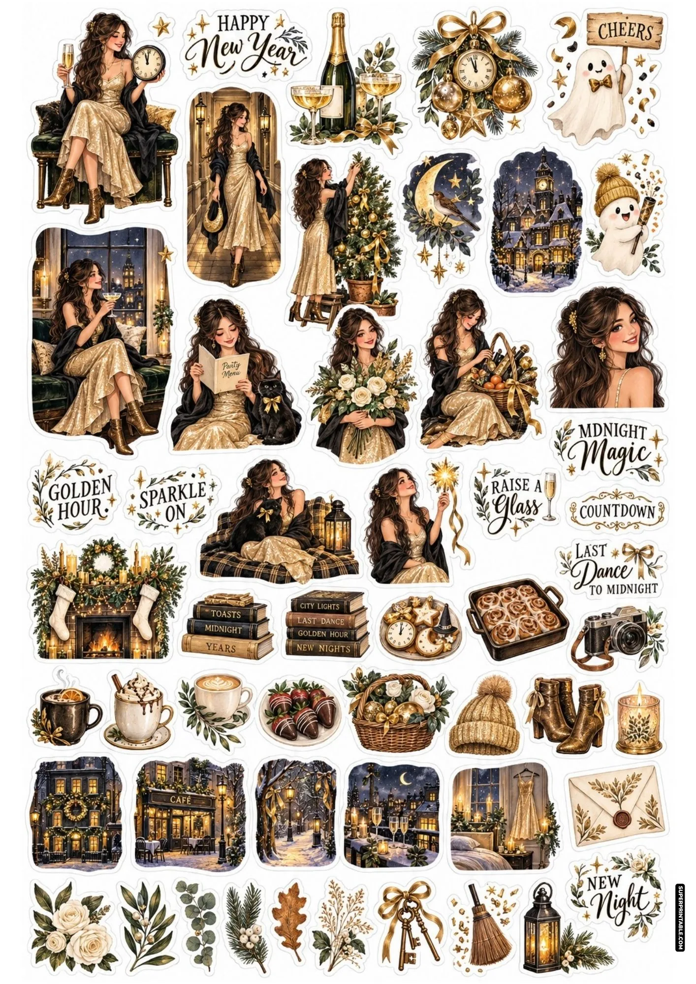 Printable new years eve sticker sheets featuring an elegant woman in a gold dress holding champagne