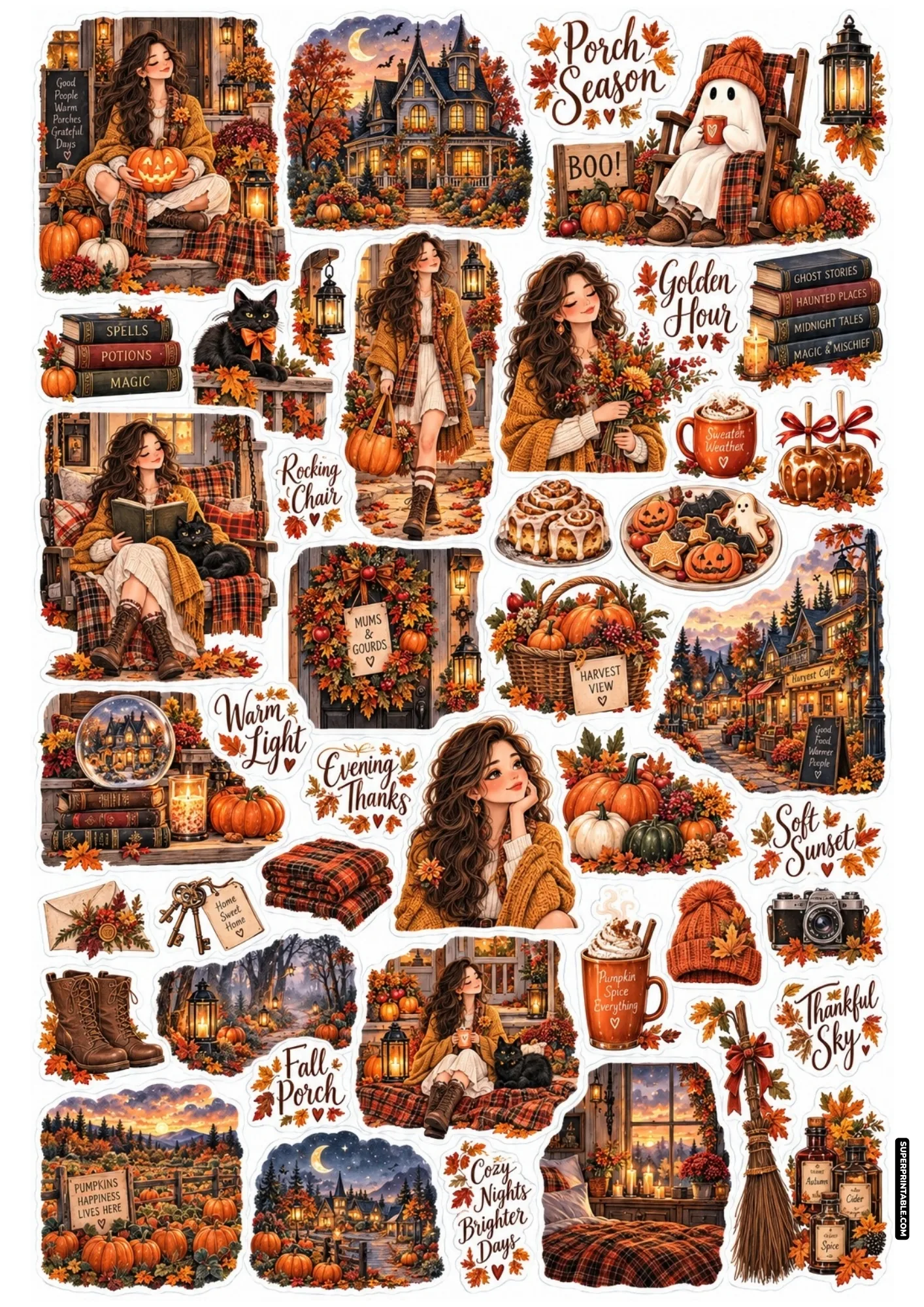 Autumn porch stickers showing cozy front porch swings, twilight pumpkin patches, Victorian houses, and charming fall decor