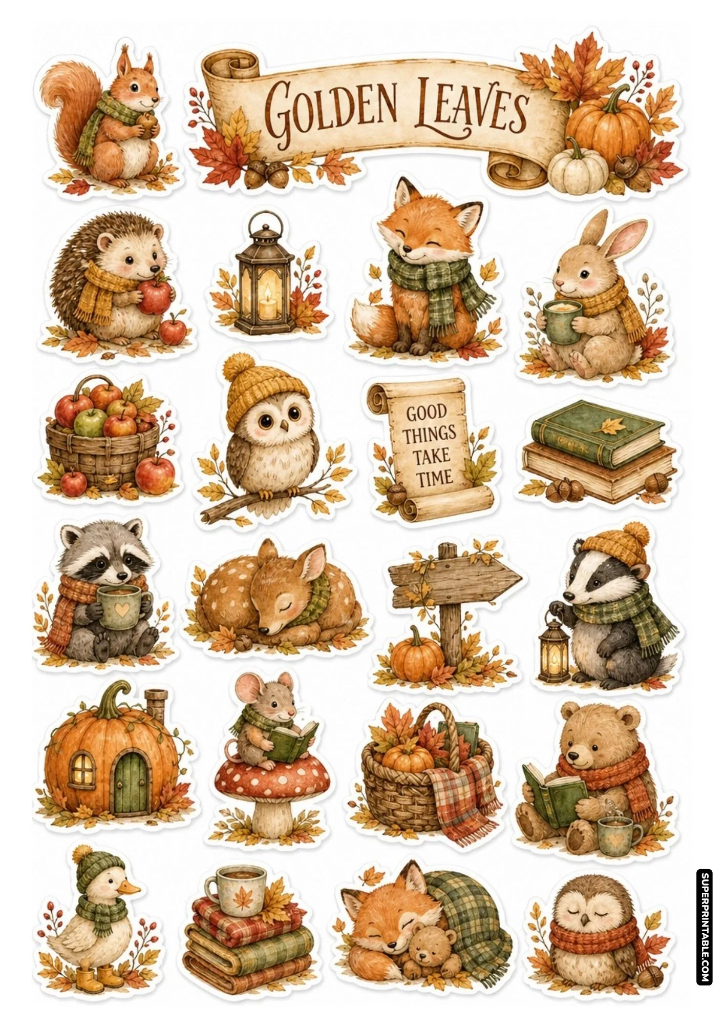Golden Leaves autumn sticker sheet with woodland animals, pumpkins, and a scroll banner.
