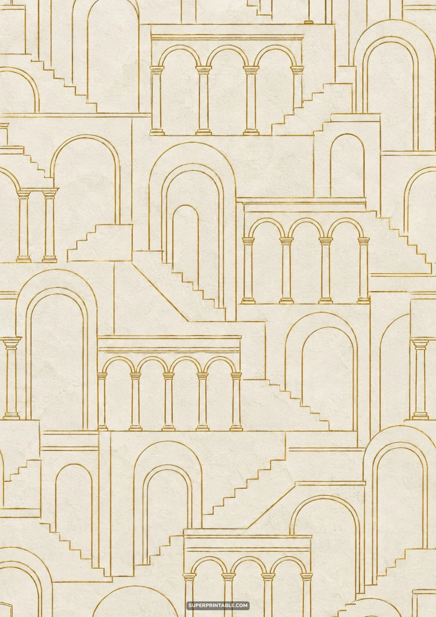 Golden linear illustration of classical arches, colonnades, and multi-level stairways on cream paper background