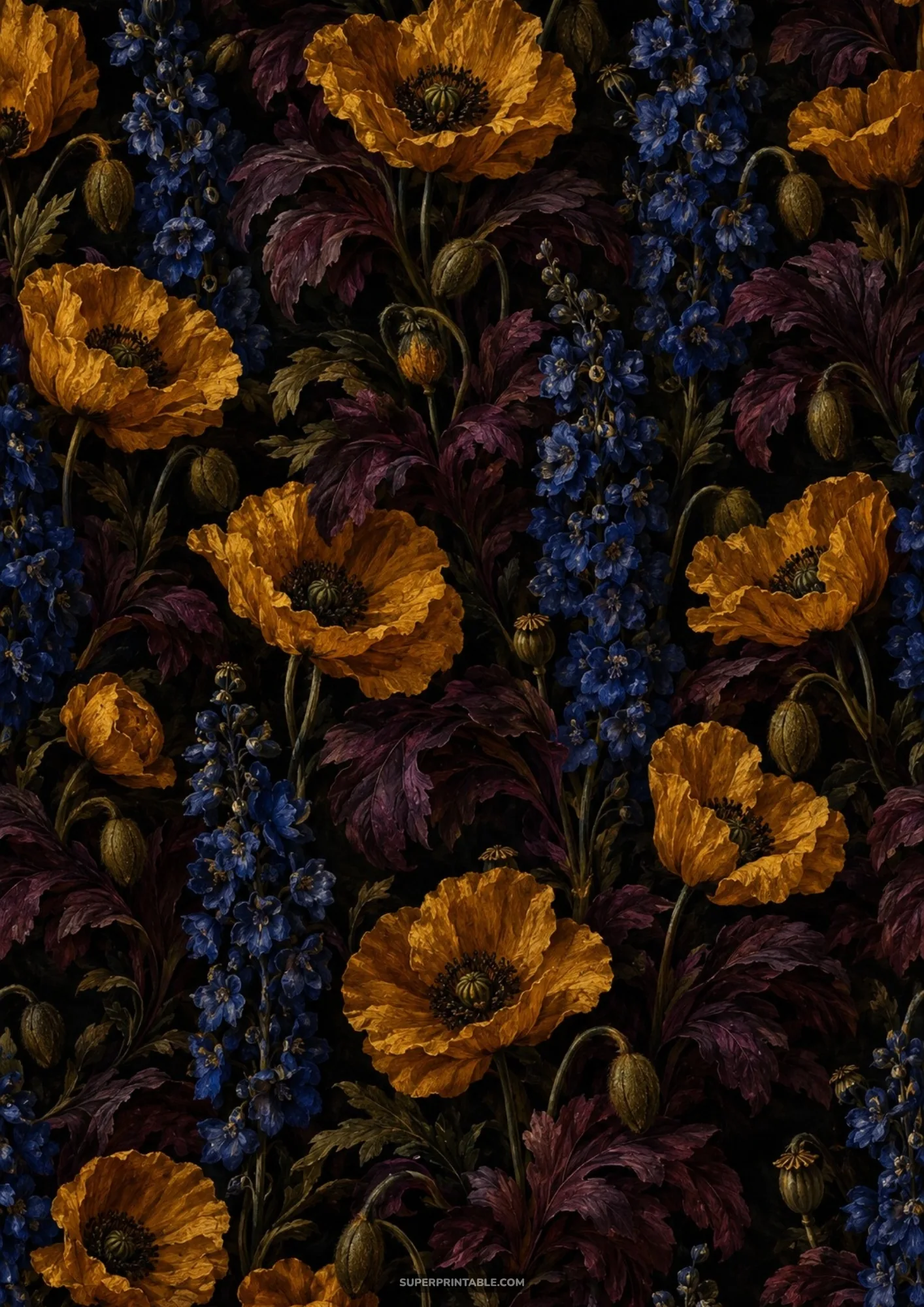 Golden amber poppies and tall blue delphinium spikes woven into a lush dark botanical pattern