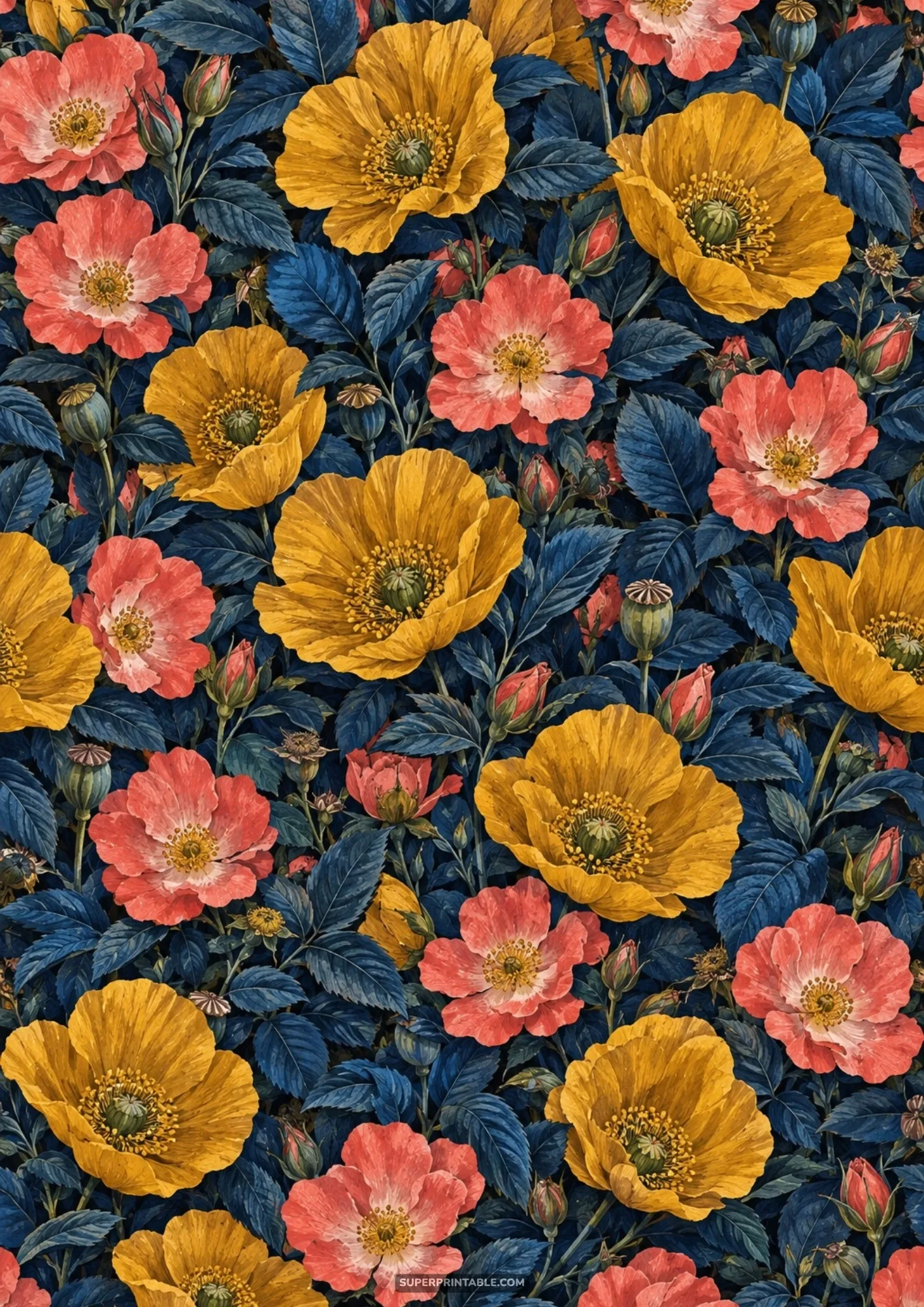 Golden yellow poppies and coral pink wild roses blooming across a dense dark navy botanical background