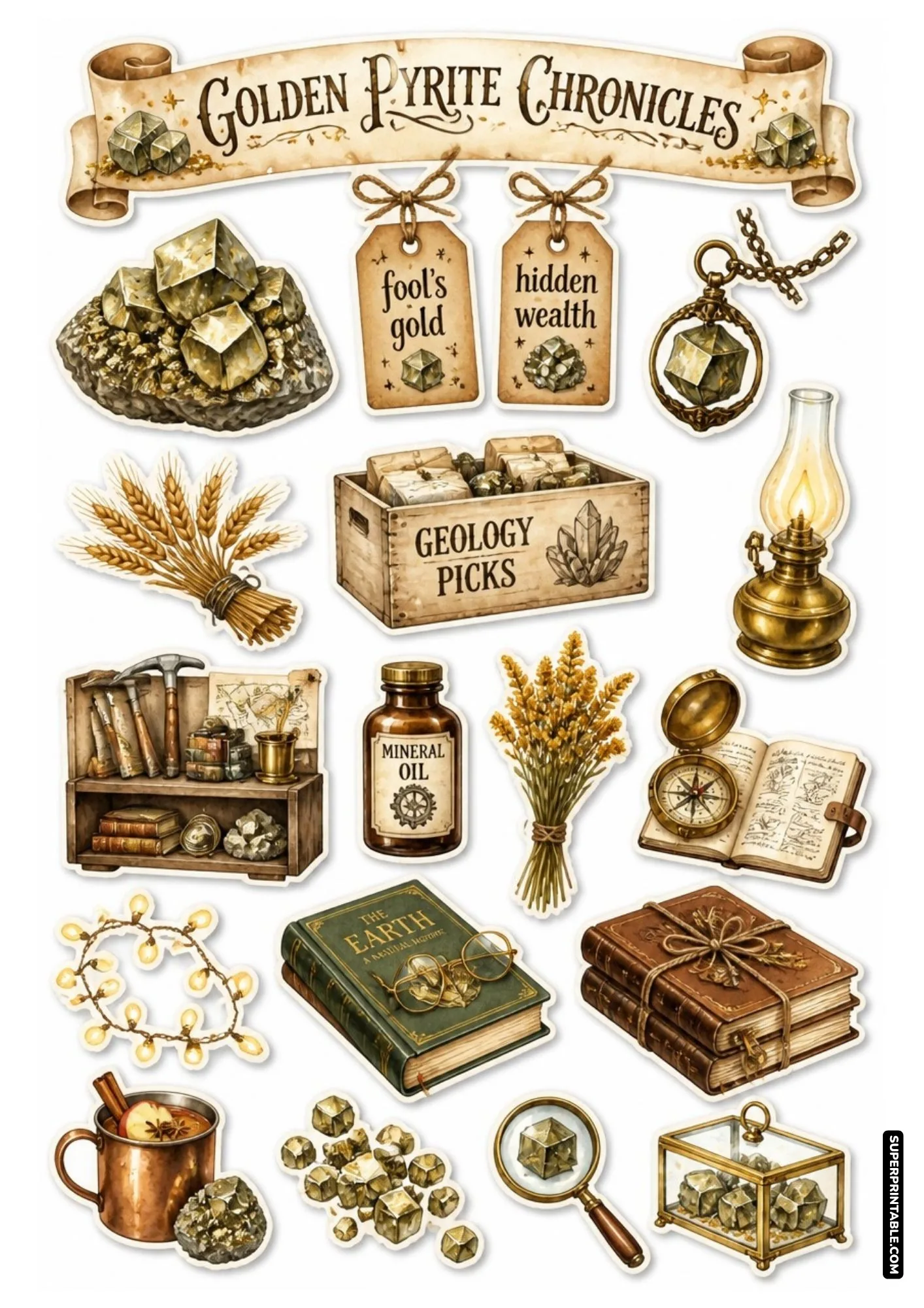 Cubic golden pyrite crystal cluster, geology collection box, and brass compass sticker sheet.