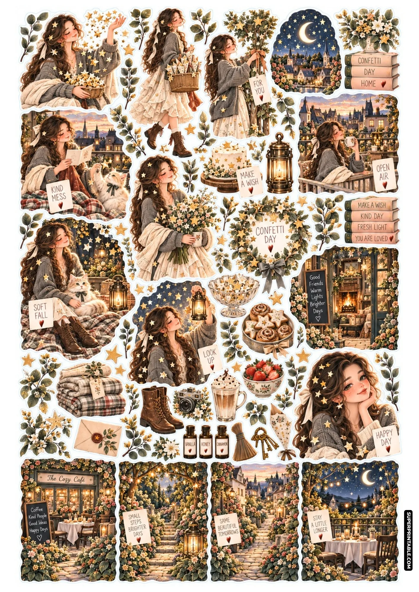 Dreamy birthday sticker collection with gold star confetti, starry frosted cake, lanterns, and cozy knitwear.