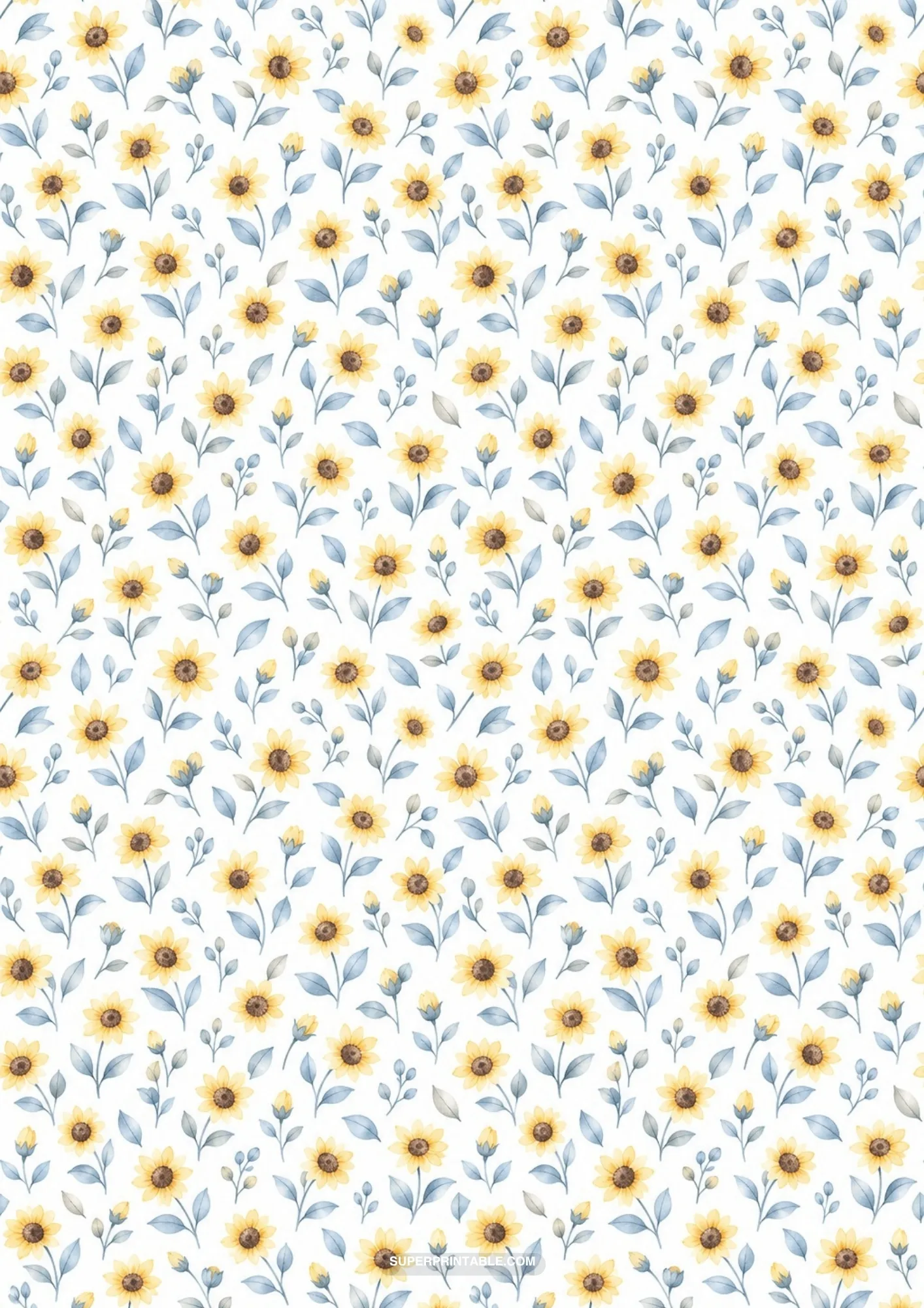 Miniature golden sunflowers with muted blue-gray foliage scattered across white