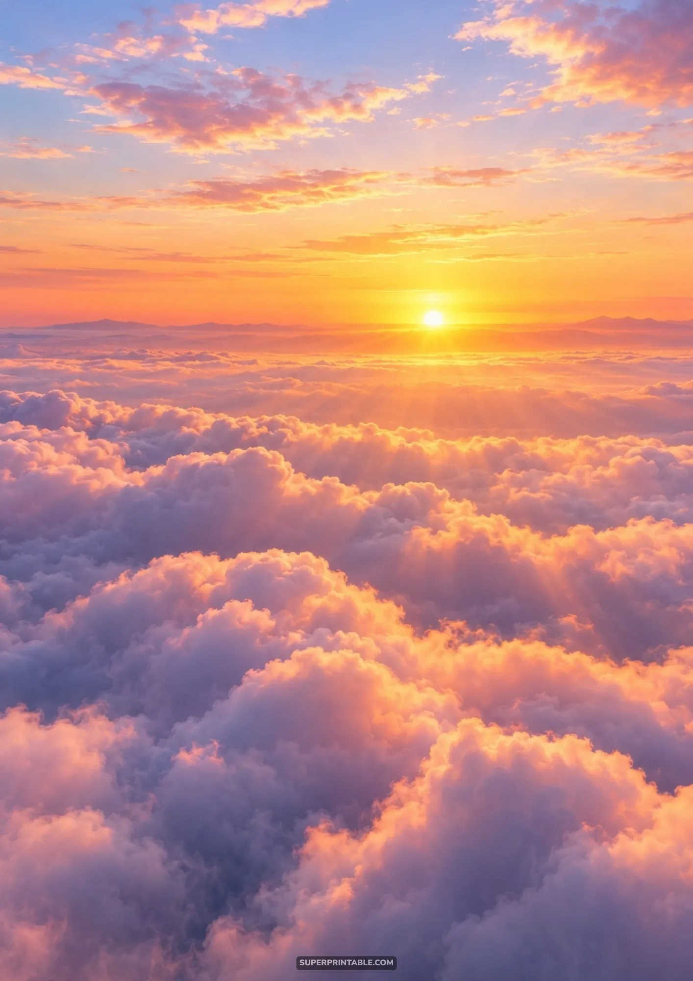 Brilliant golden sunburst shining down upon an ocean of fluffy cumulus clouds at sunset
