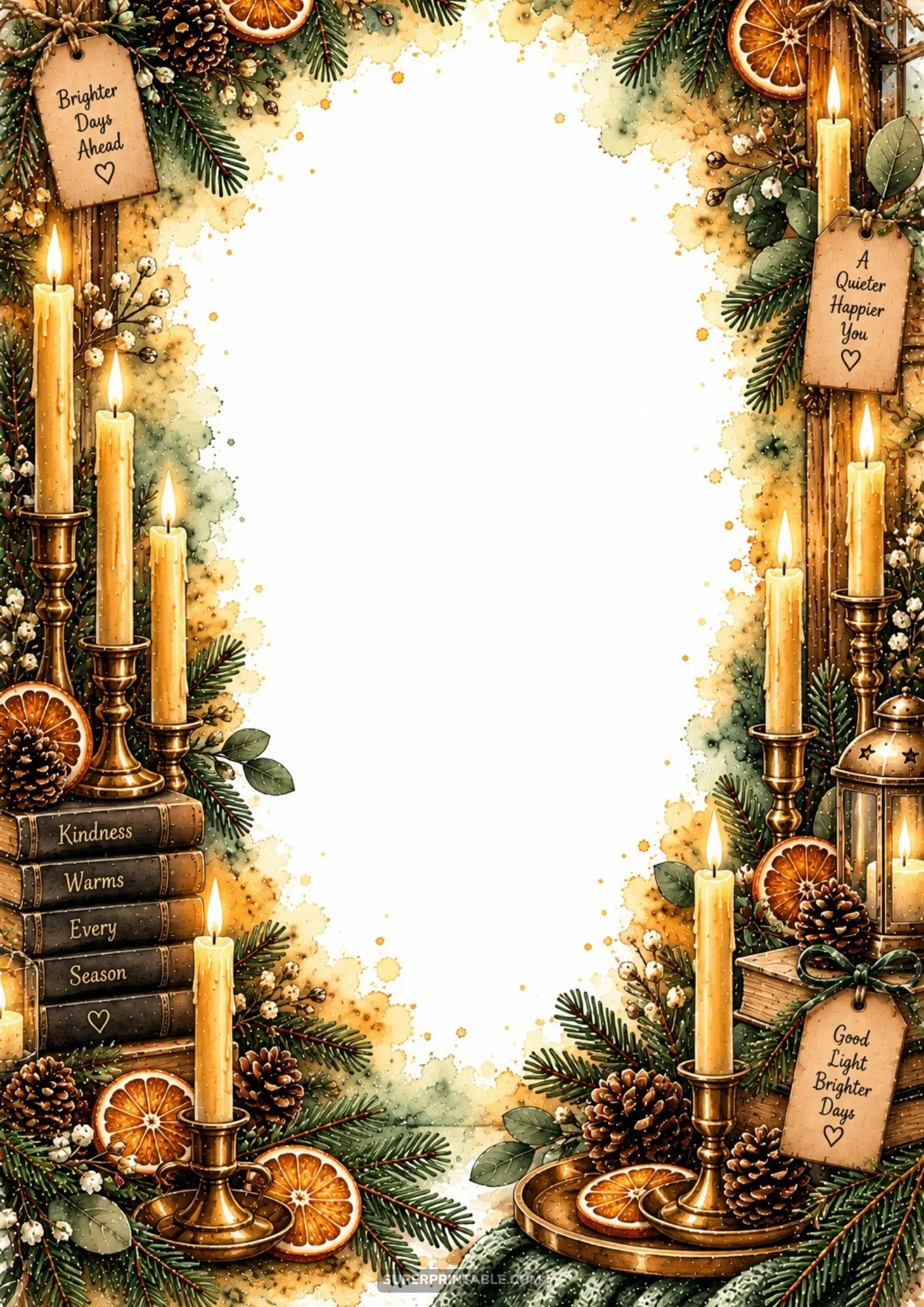 Cozy winter border pages with glowing brass taper candles, dried orange slices, pine cones, and greenery.