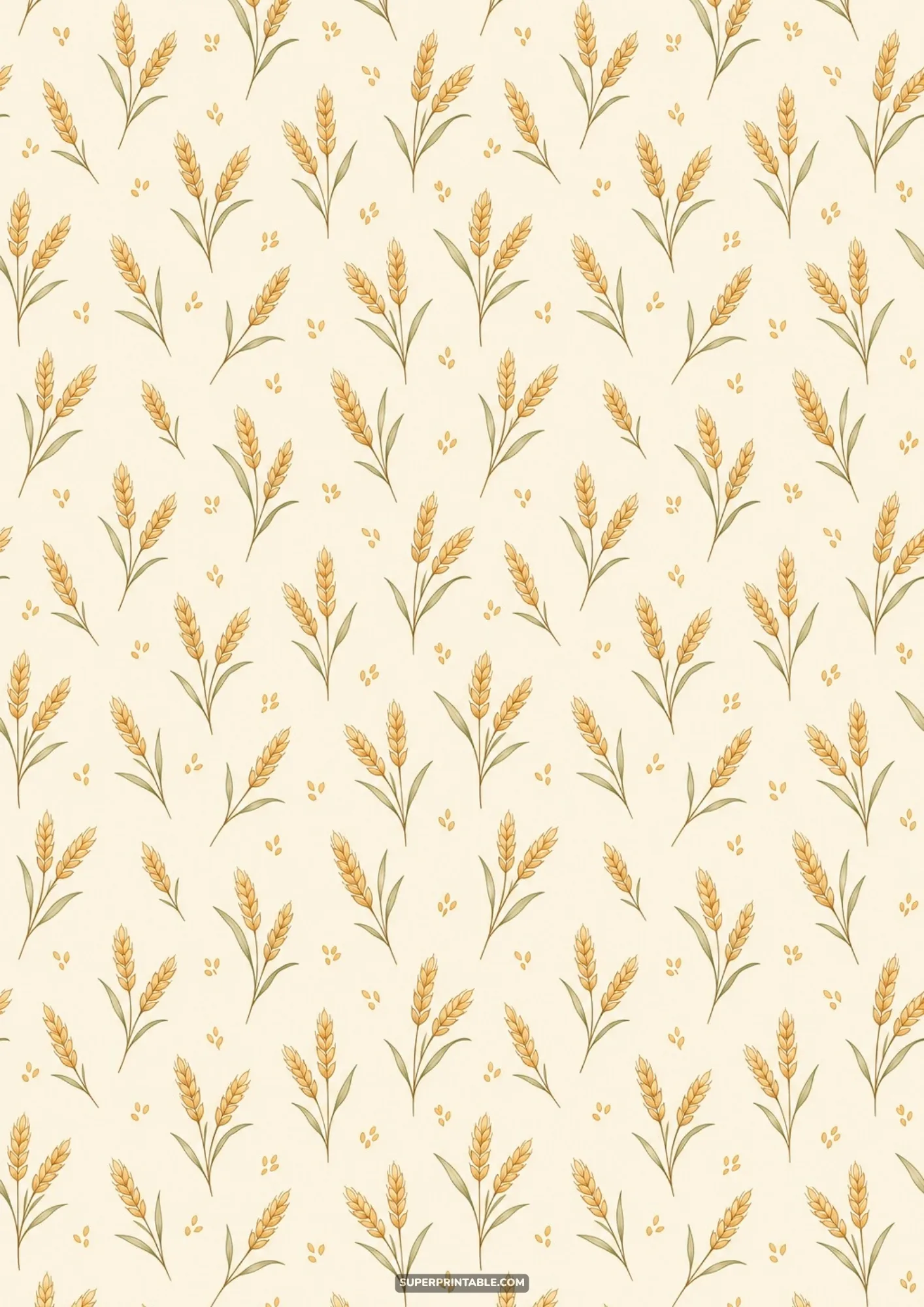 Delicate sprigs of golden wheat stalks with slender stems and loose grains on a cream background.