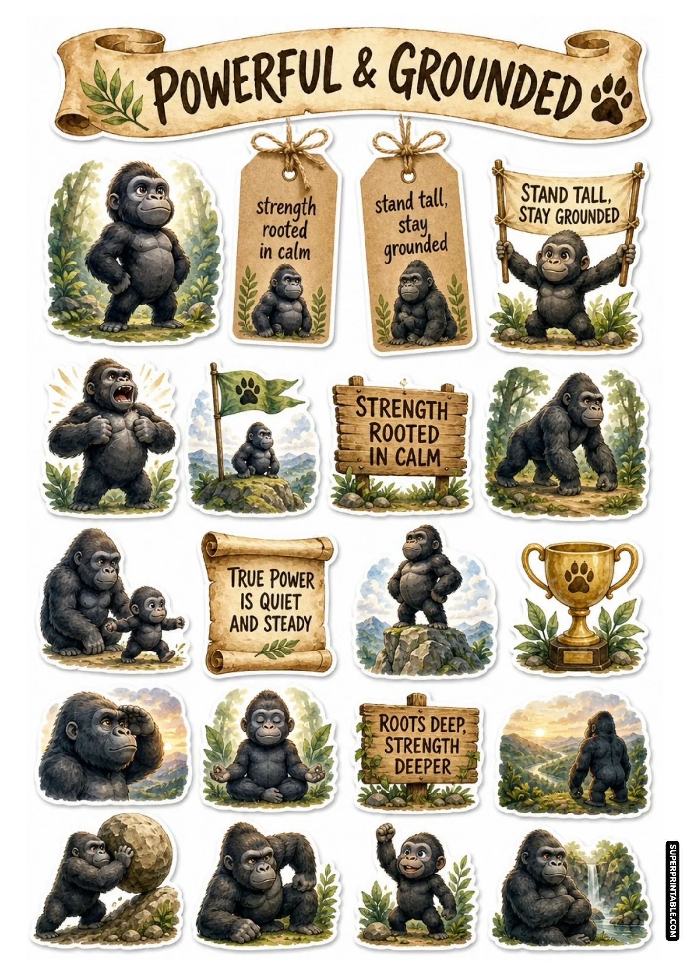 Mighty gorilla sticker sheet featuring silverback jungle illustrations, serene poses, and strength slogans