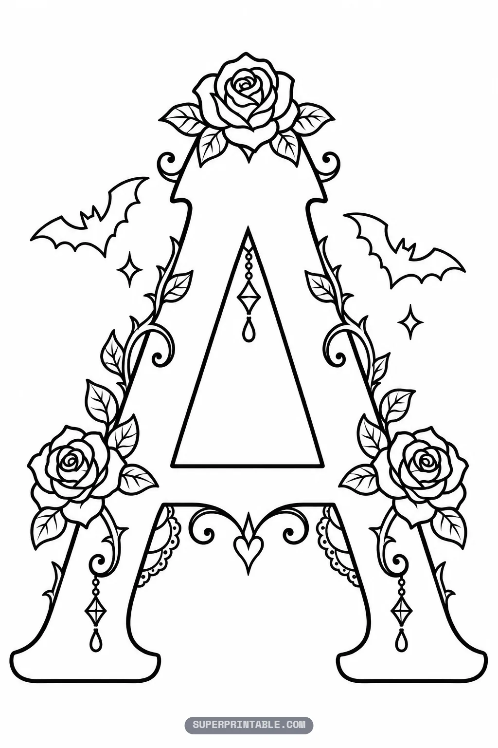 Letter A gothic alphabet coloring pages sheet with blooming roses, thorny vines, lace trims, and flying bats