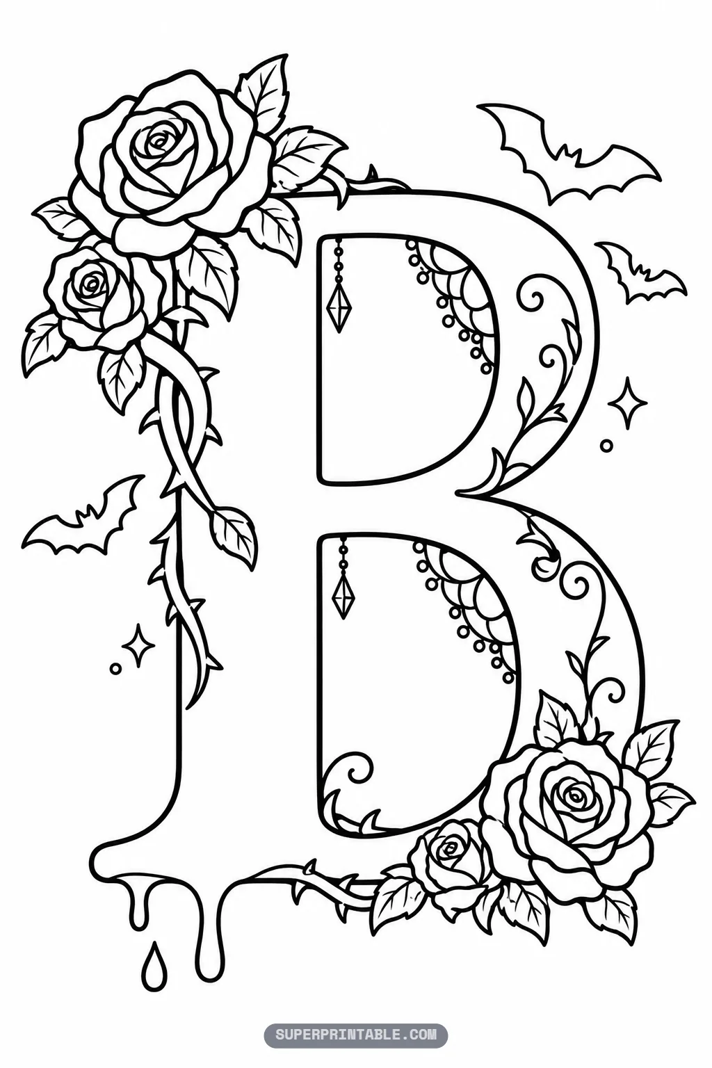 Gothic alphabet coloring pages letter B illustration featuring dripping wax, climbing roses, and beaded jewels