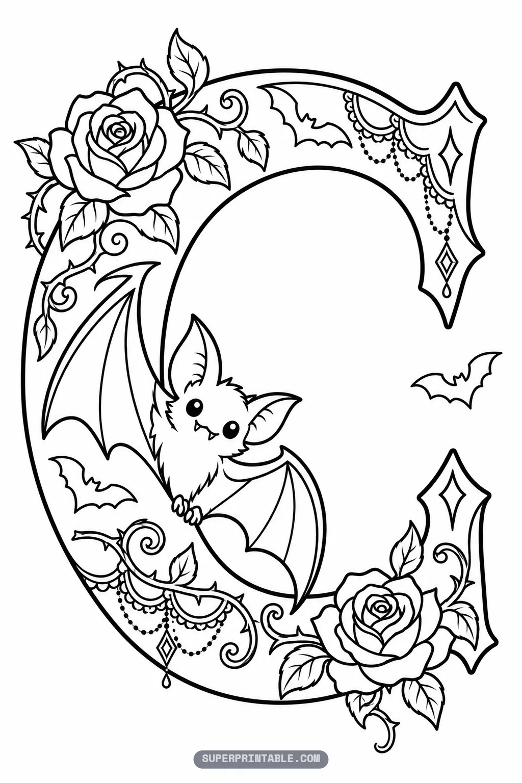 Gothic letter C coloring page with an adorable winged bat perched amid blooming roses and lace garlands