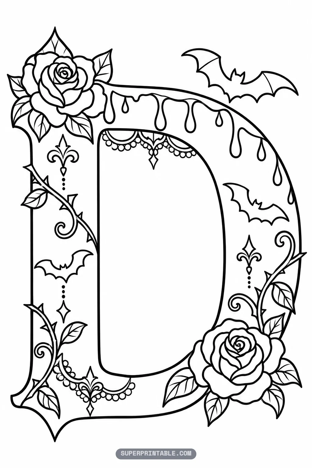 Intricate gothic letter D printable page decorated with dripping wax, delicate roses, and flying bats