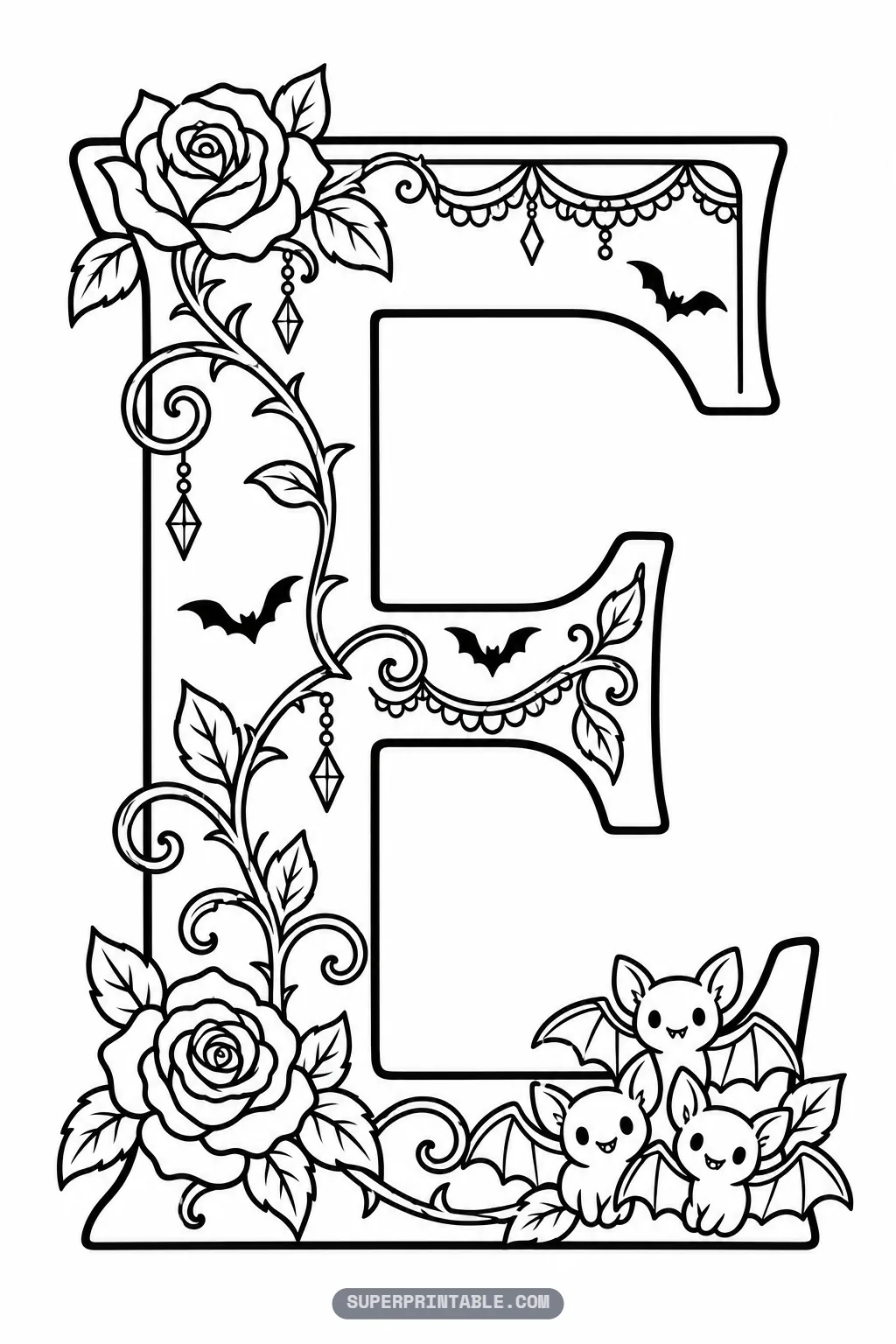 Detailed gothic letter E line art with three smiling baby bats nestled among blooming roses and lace