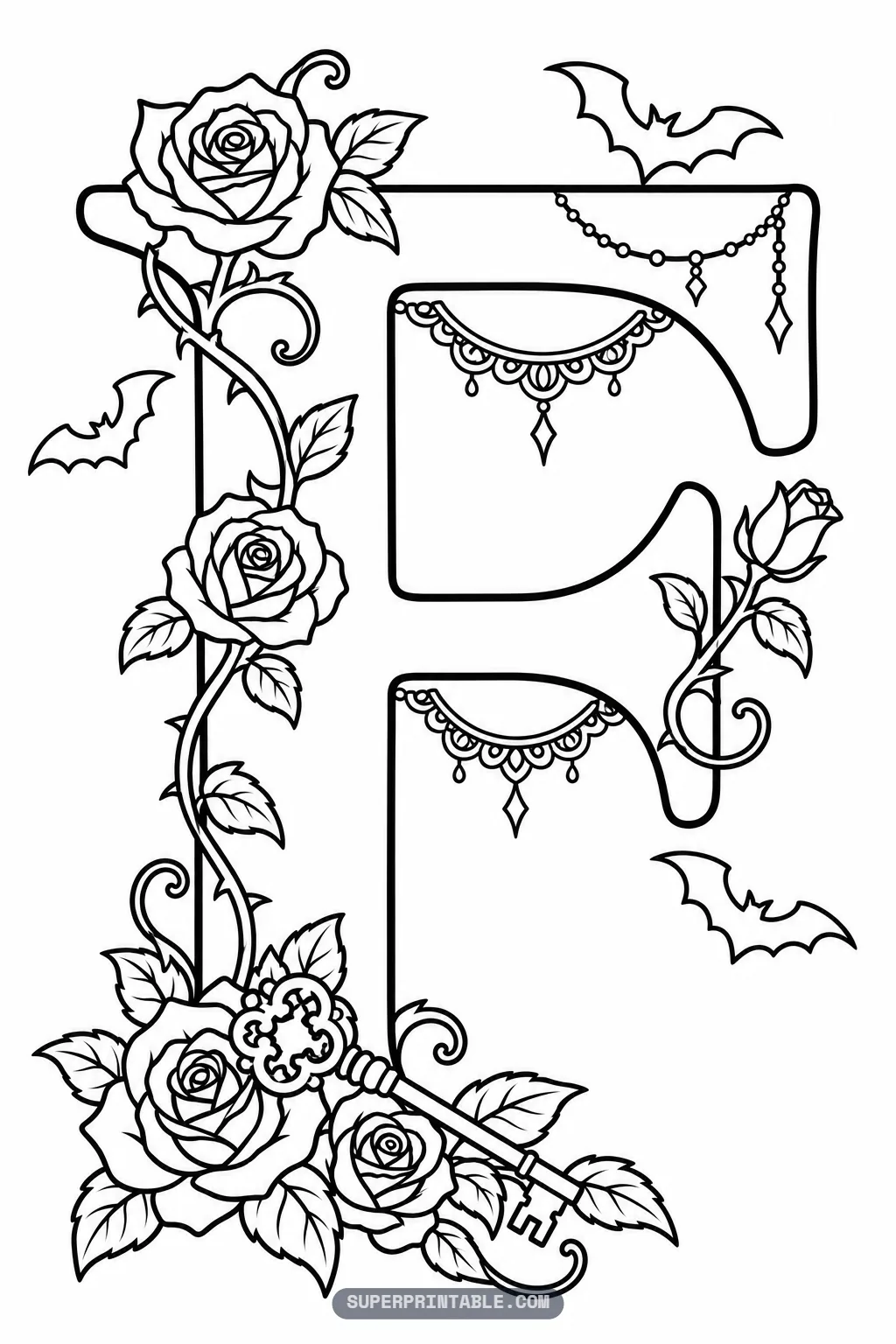 Gothic style letter F coloring sheet featuring an antique skeleton key resting beside leafy rose blooms