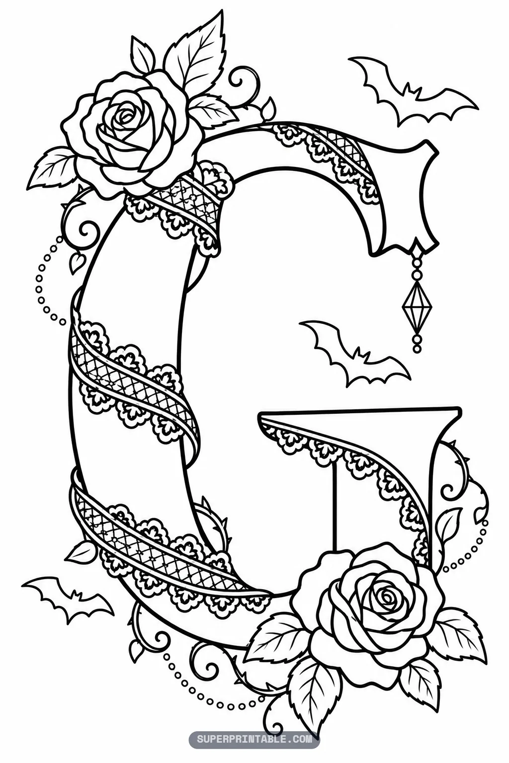 Elegant gothic letter G coloring design wrapped in delicate lace ribbons and framed by full rose blossoms