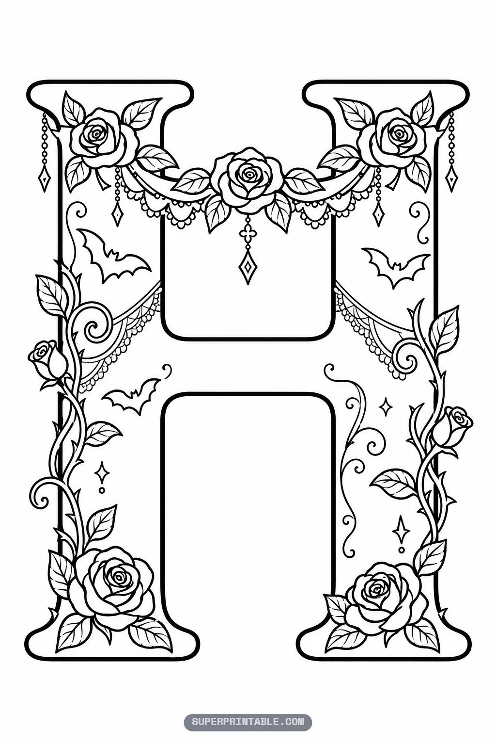 Ornate gothic letter H printable coloring page embellished with a draped rose garland and gothic lace