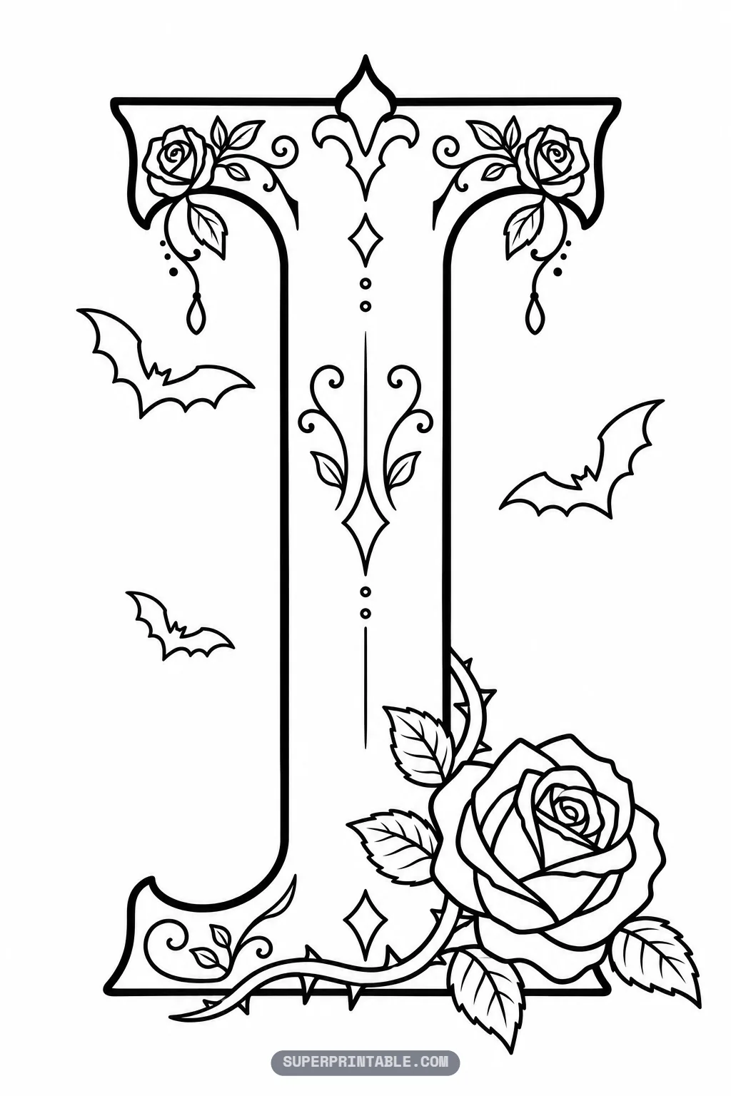 Gothic letter I coloring outline decorated with an intricate fleur-de-lis motif and a large blooming rose