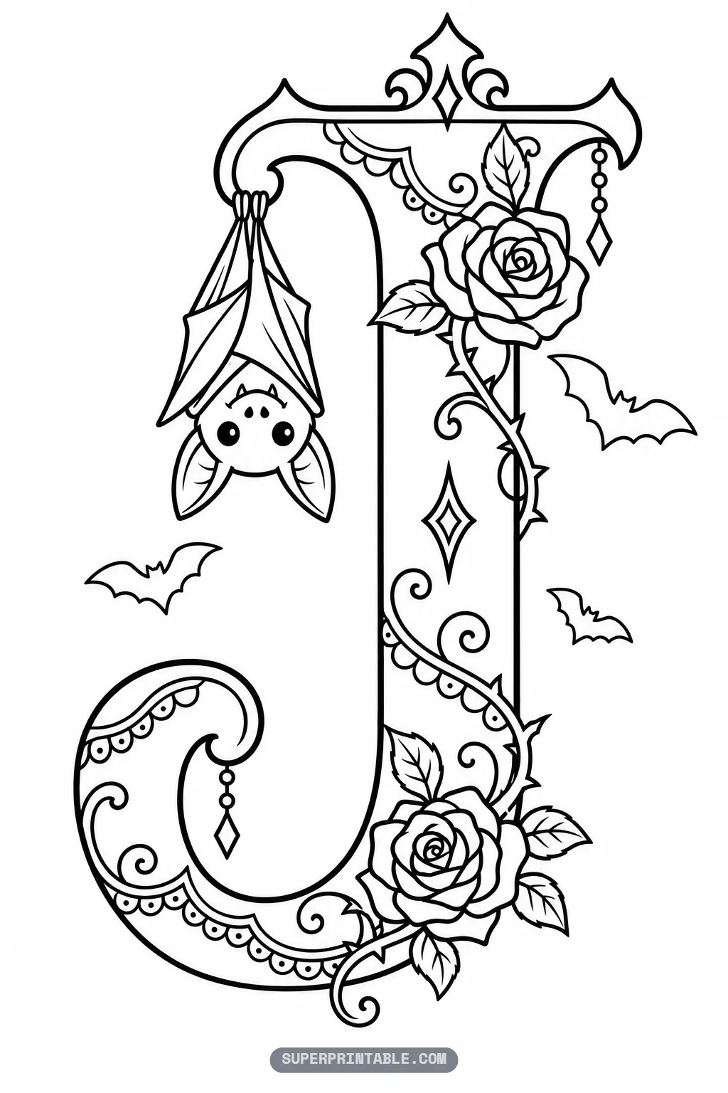 Charming gothic letter J coloring page with a cute bat hanging upside down above detailed rose blossoms