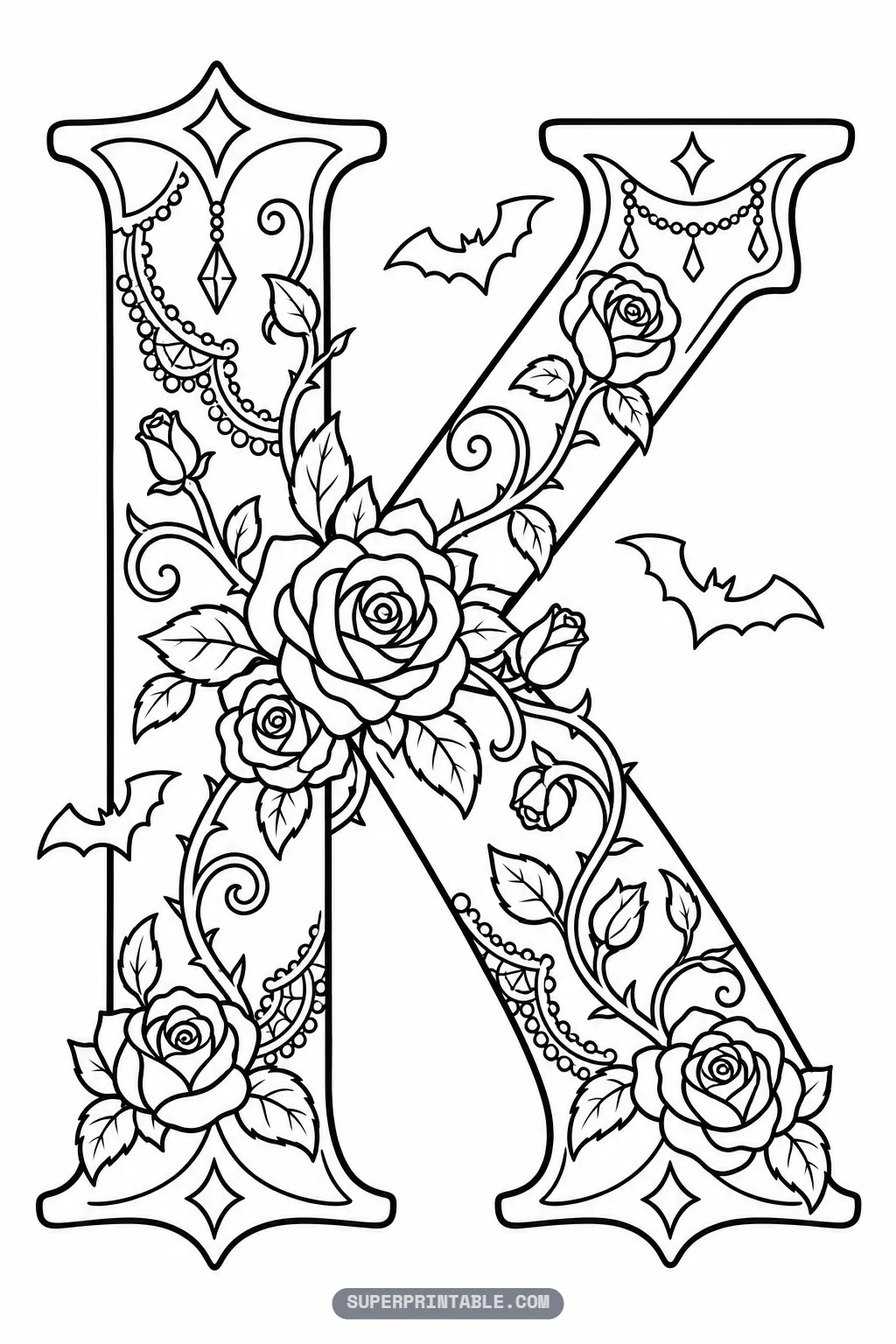 Decorative gothic letter K coloring sheet intricately entwined with lush thorny rose branches and gems