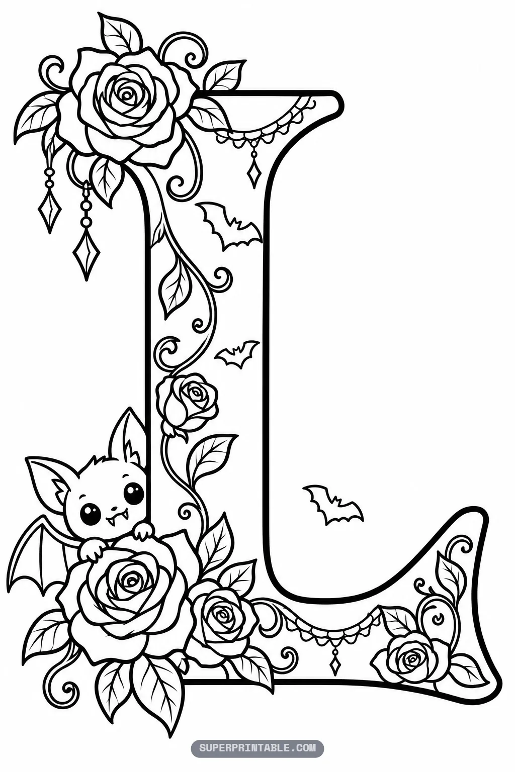Gothic letter L printable page featuring a cute wide-eyed bat peeking out from behind a bouquet of roses
