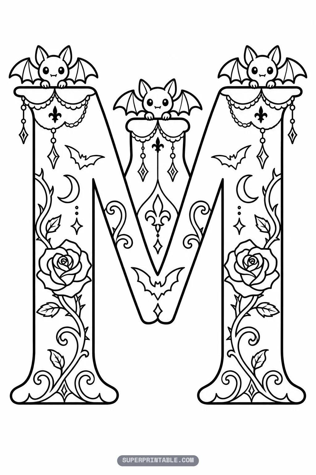 Symmetrical gothic letter M coloring page crowned with three cheerful bats, crescent moons, and roses