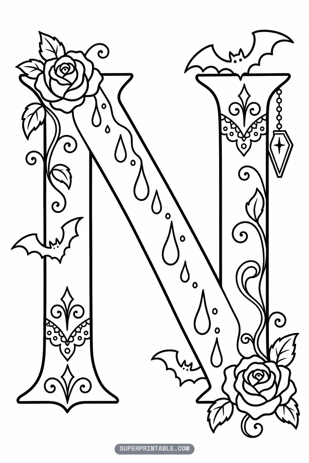 Dramatic gothic letter N coloring outline with dripping liquid drops, ornate lace trim, and blooming roses