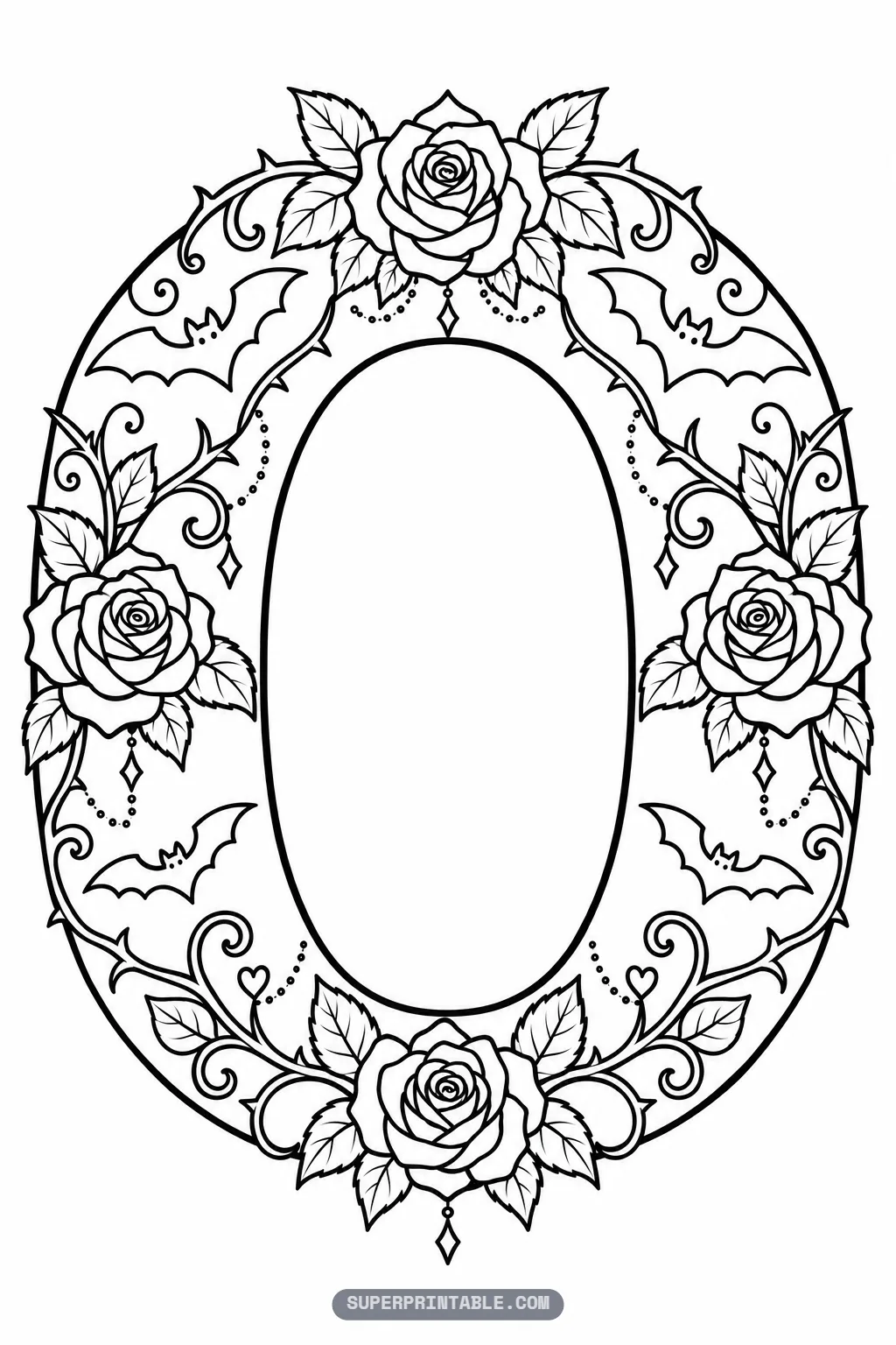Gothic letter O coloring page designed as an oval floral wreath with four roses, beaded swags, and bats