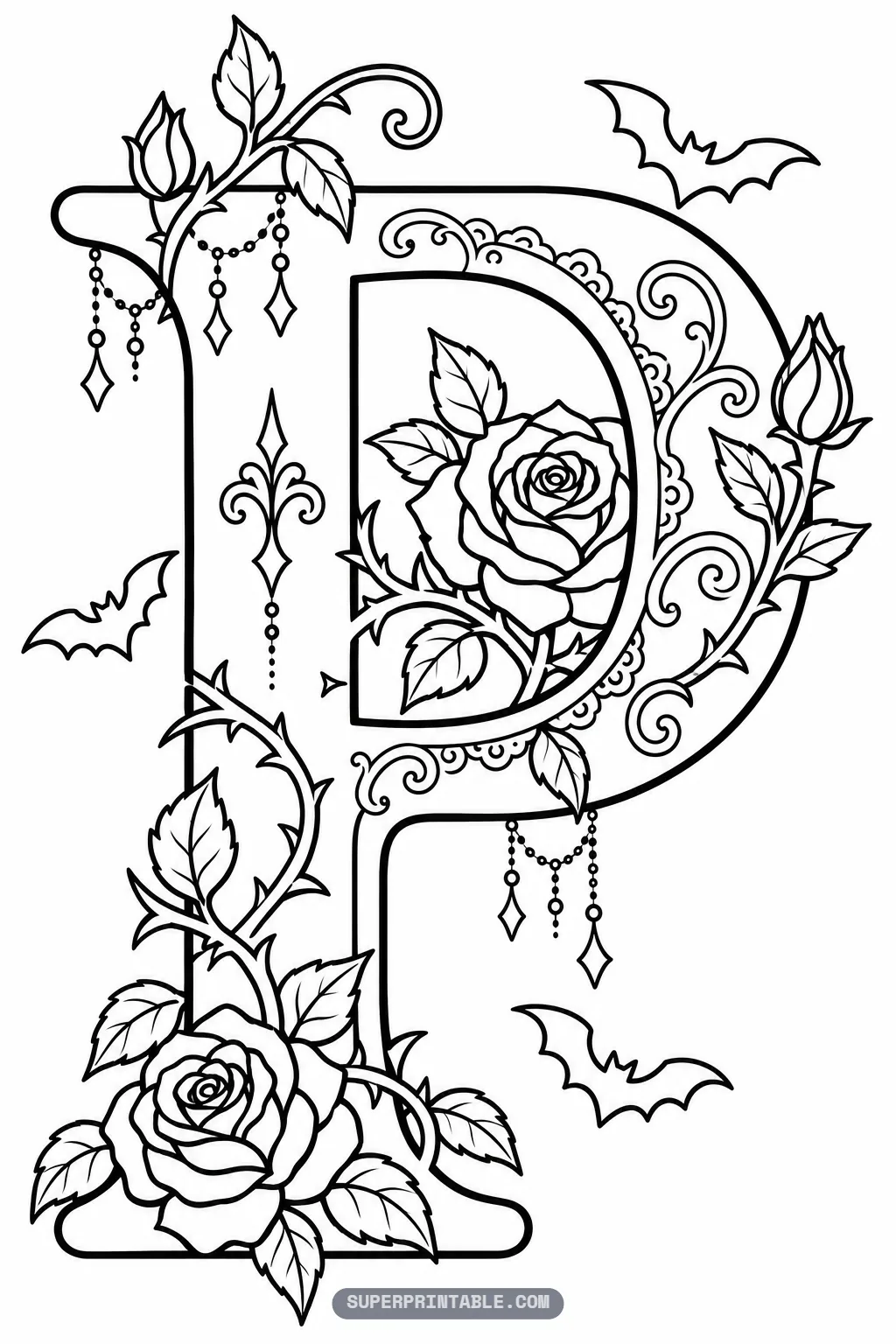 Intricate gothic letter P coloring sheet with a large rose blossom inside the bowl and dangling gems