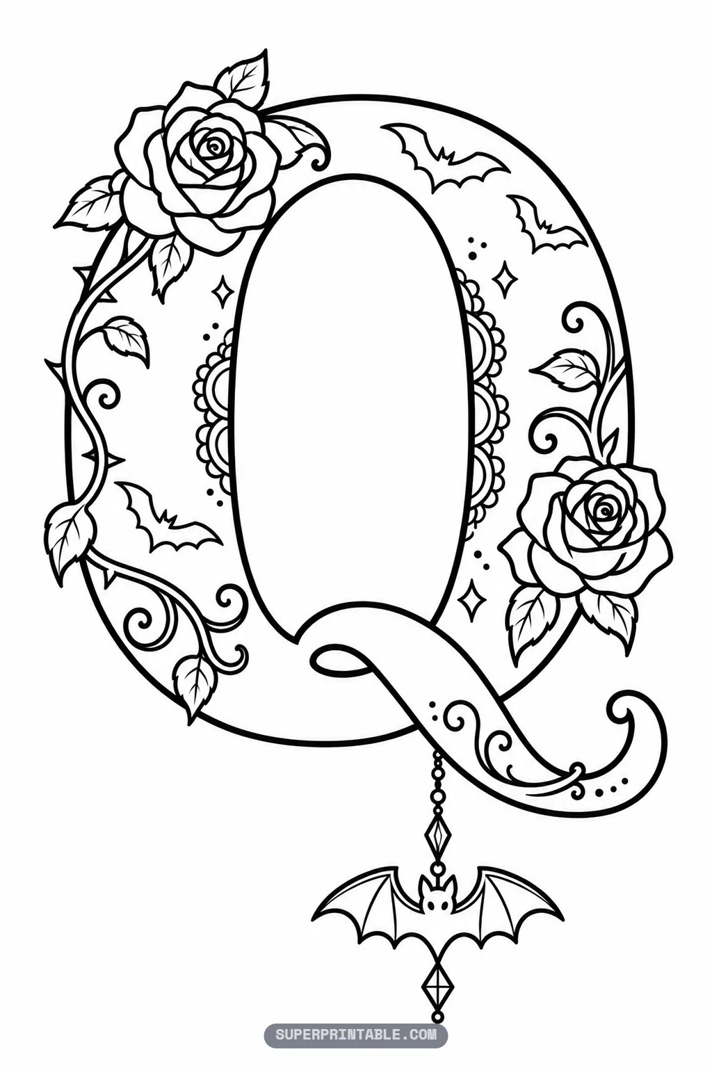 Gothic letter Q coloring design with a dangling bat charm suspended from the sweeping lower tail curve