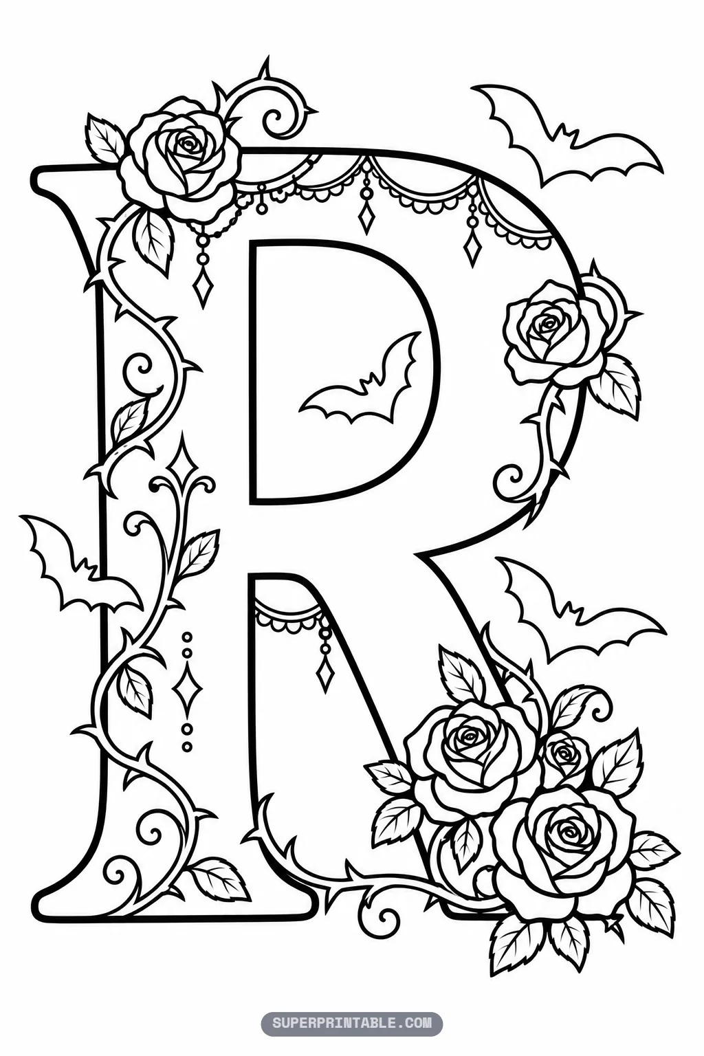 Ornate gothic letter R printable page adorned with beaded garlands, thorny rose vines, and flying bats