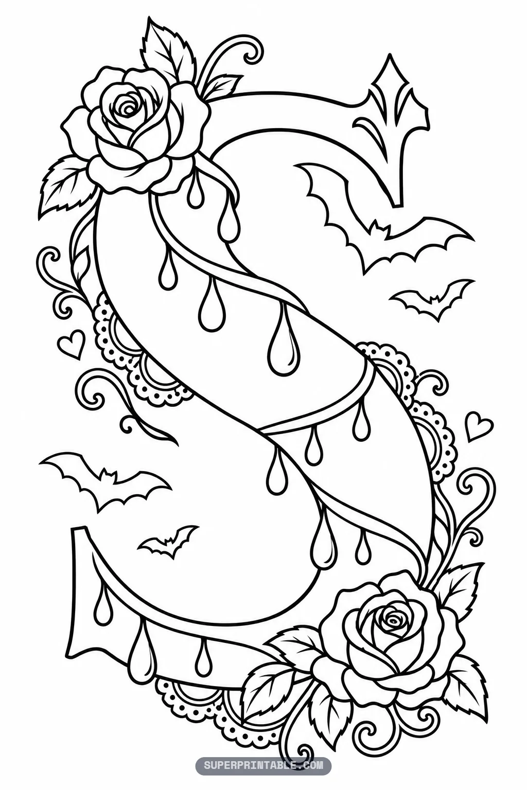 Gothic letter S coloring outline featuring dripping wax accents, scalloped lace edges, and twin roses