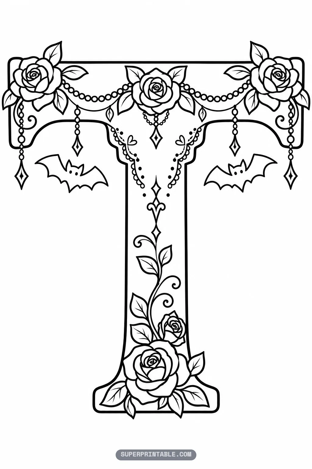 Symmetrical gothic letter T coloring sheet decorated with a triple rose swag and hanging drop crystals