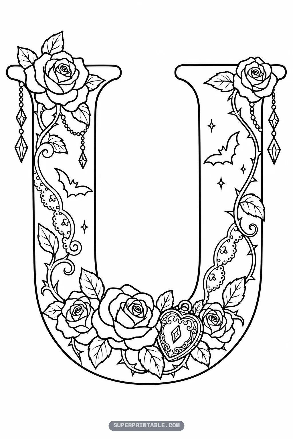 Romantic gothic letter U printable page featuring an ornate heart locket nestled among blooming roses