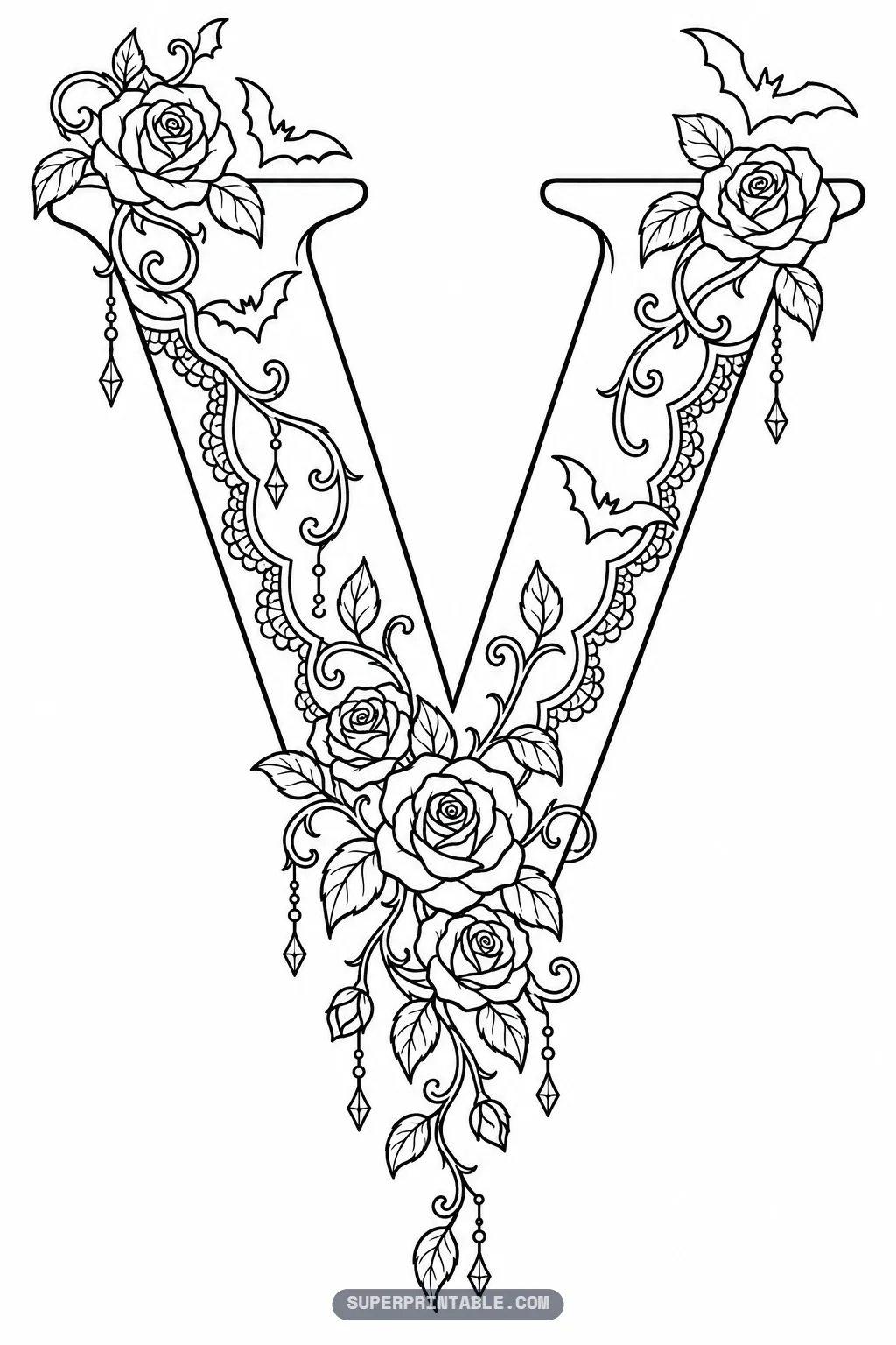 Gothic letter V coloring design with cascading crystal pendants, lace borders, and clustered rose blooms