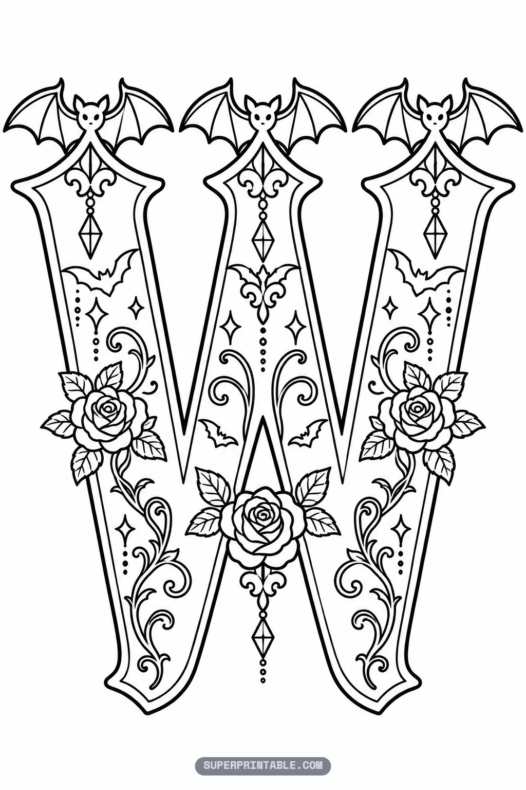 Triple-peaked gothic letter W coloring page adorned with three bats, fleur-de-lis motifs, and fresh roses