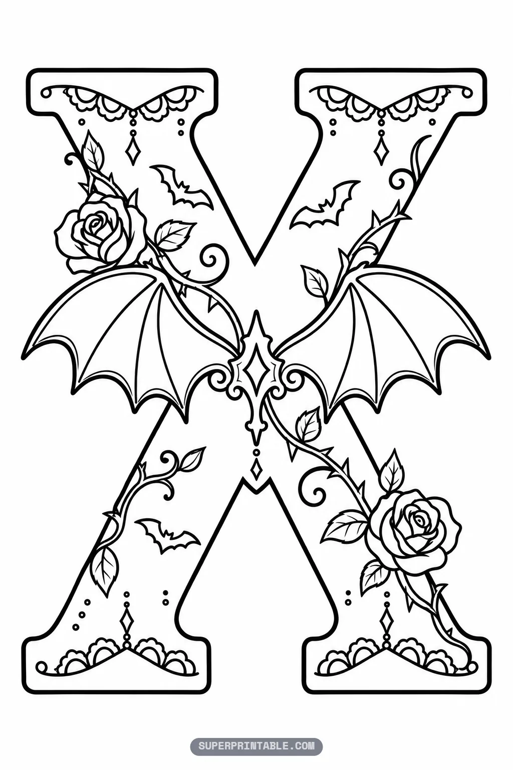 Dramatic gothic letter X coloring page highlighted by large bat wings spreading from the center crossing
