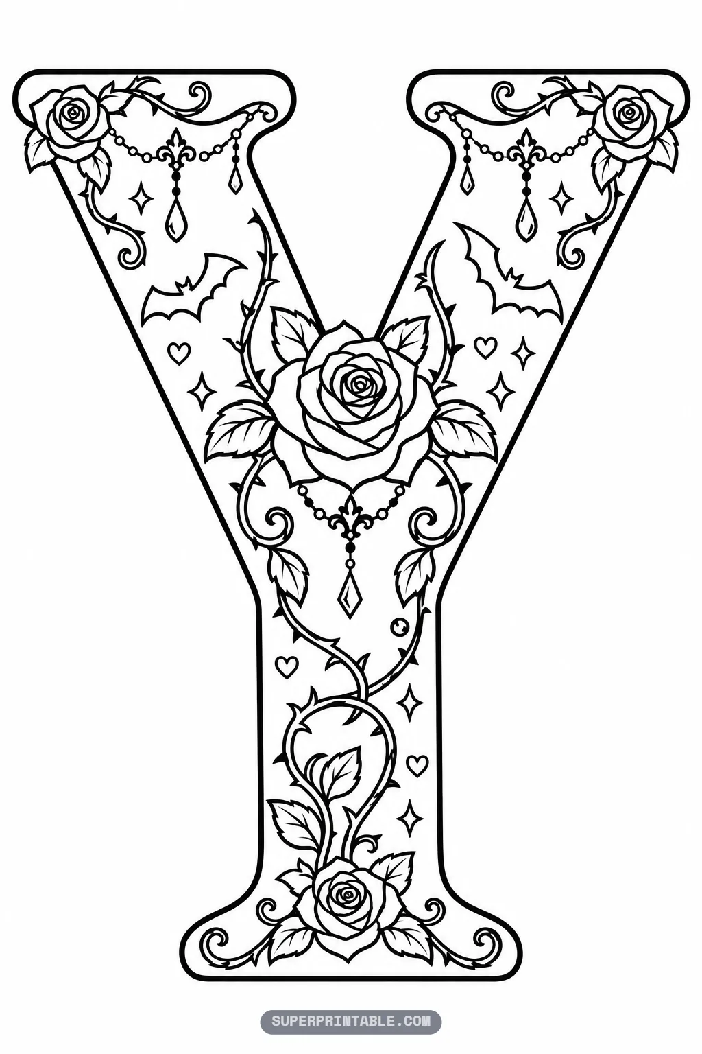Graceful gothic letter Y coloring outline decorated with blooming roses, draped beaded swags, and bats