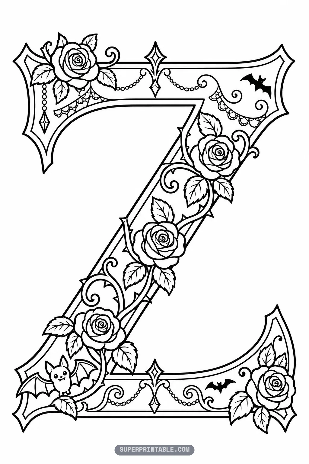 Detailed gothic letter Z coloring page featuring a cute bat resting beside roses and spiderweb lace