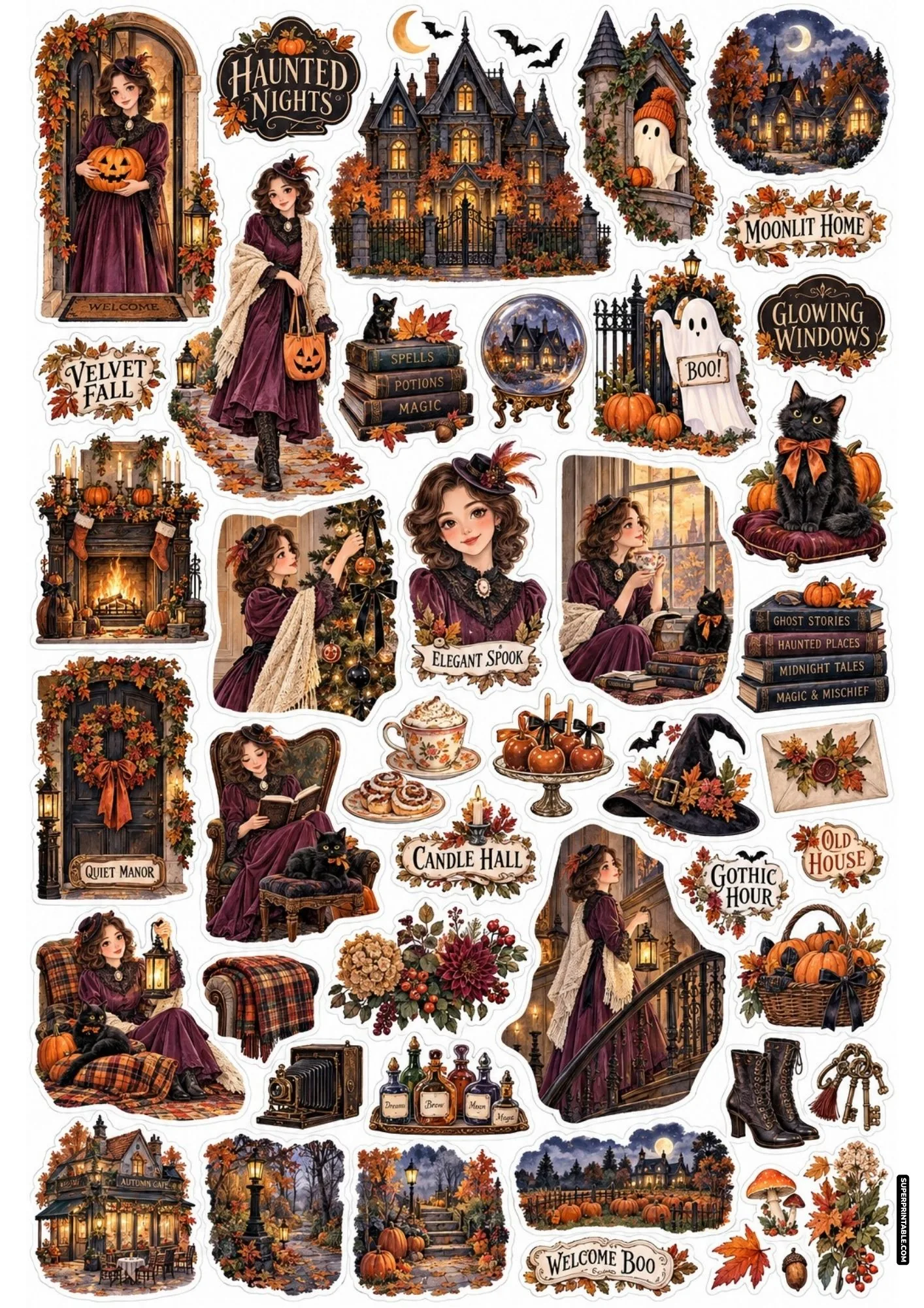 Gothic Victorian Halloween sticker sheet with velvet gowns, haunted manor houses, and antique keys