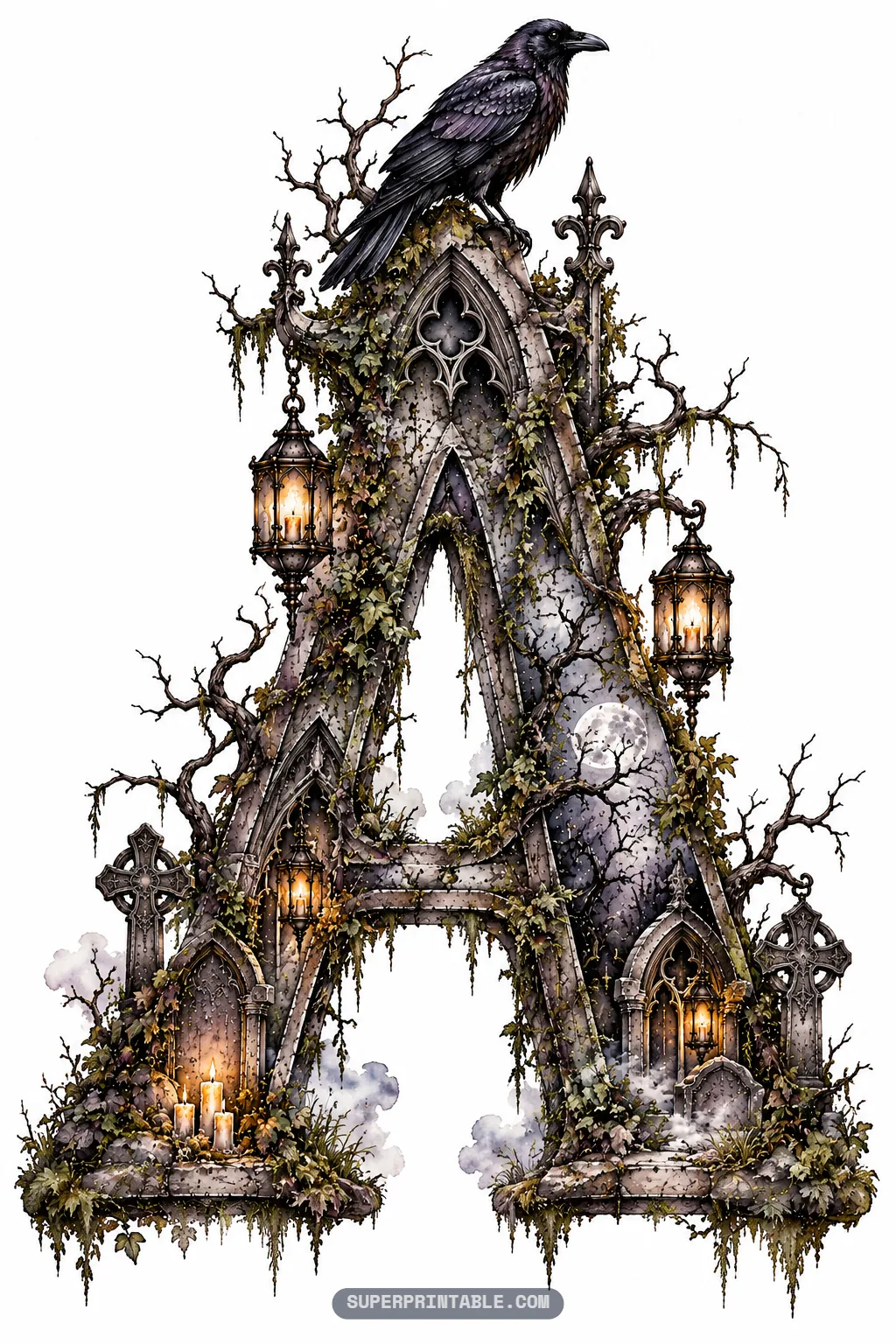 Gothic letter A designed for spooky graveyard raven alphabet with lanterns and perched raven.