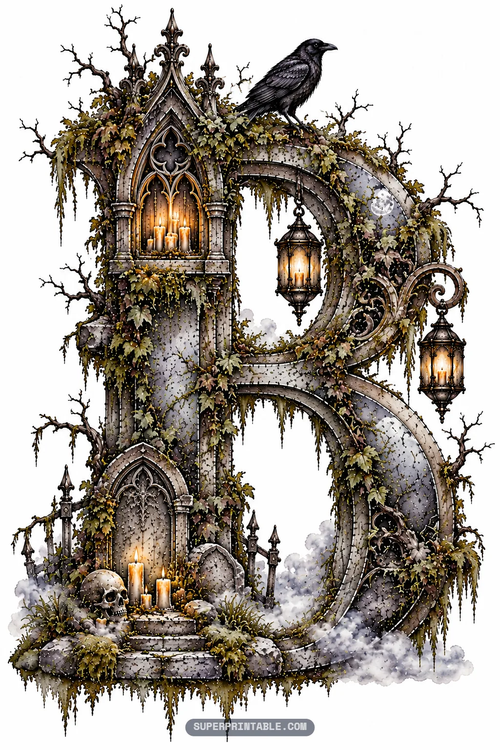 Weathered letter B sculpture in spooky graveyard raven alphabet theme with skull and lanterns.