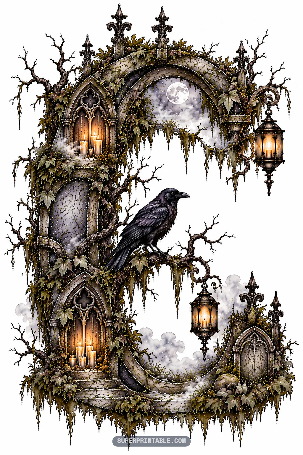 Gothic arch letter C covered in climbing moss with iron lanterns, candlelit niches, and perched black raven.