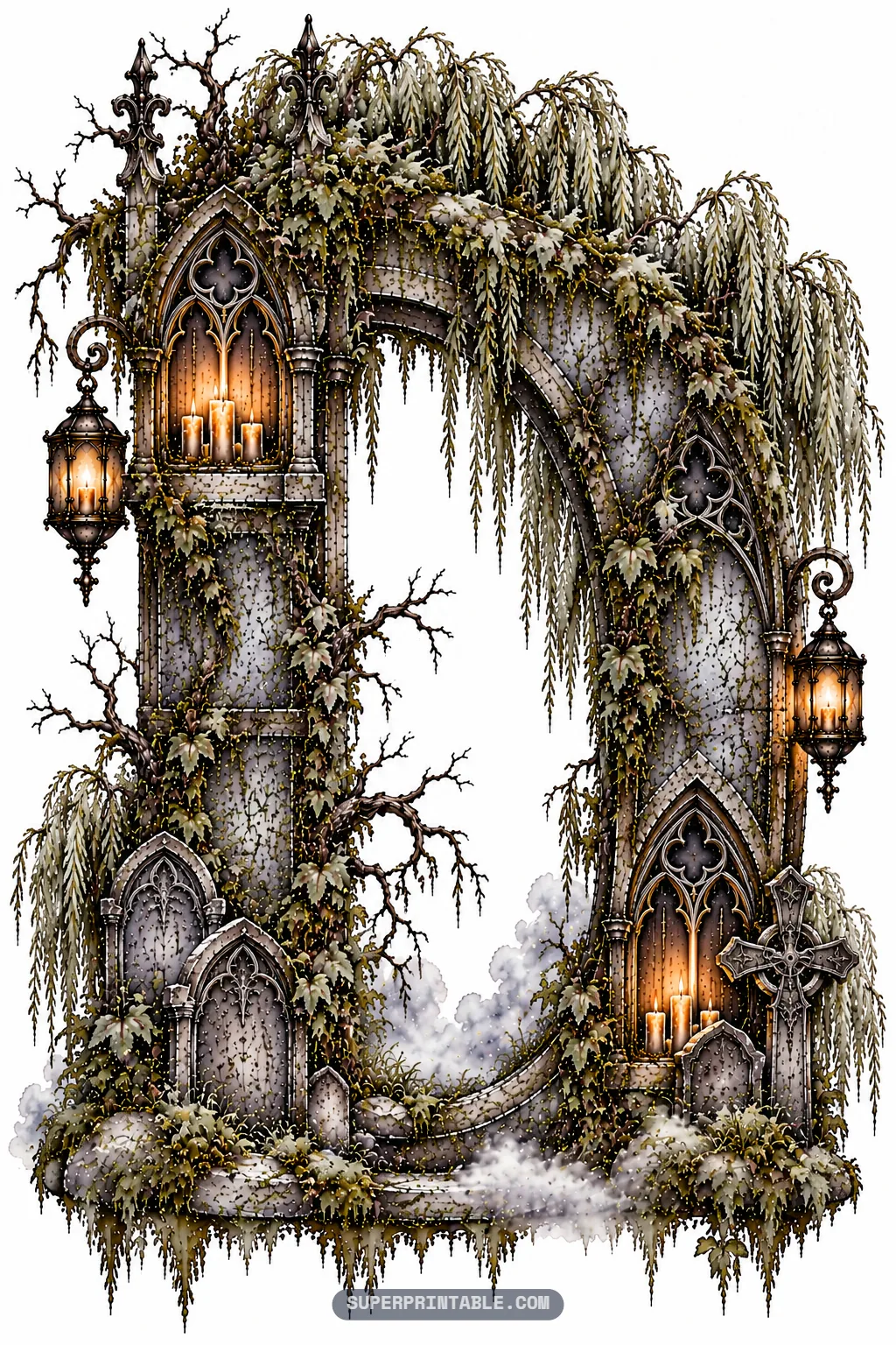 Weathered stone gothic letter D draped in weeping willow branches, glowing lanterns, and miniature tombstones.