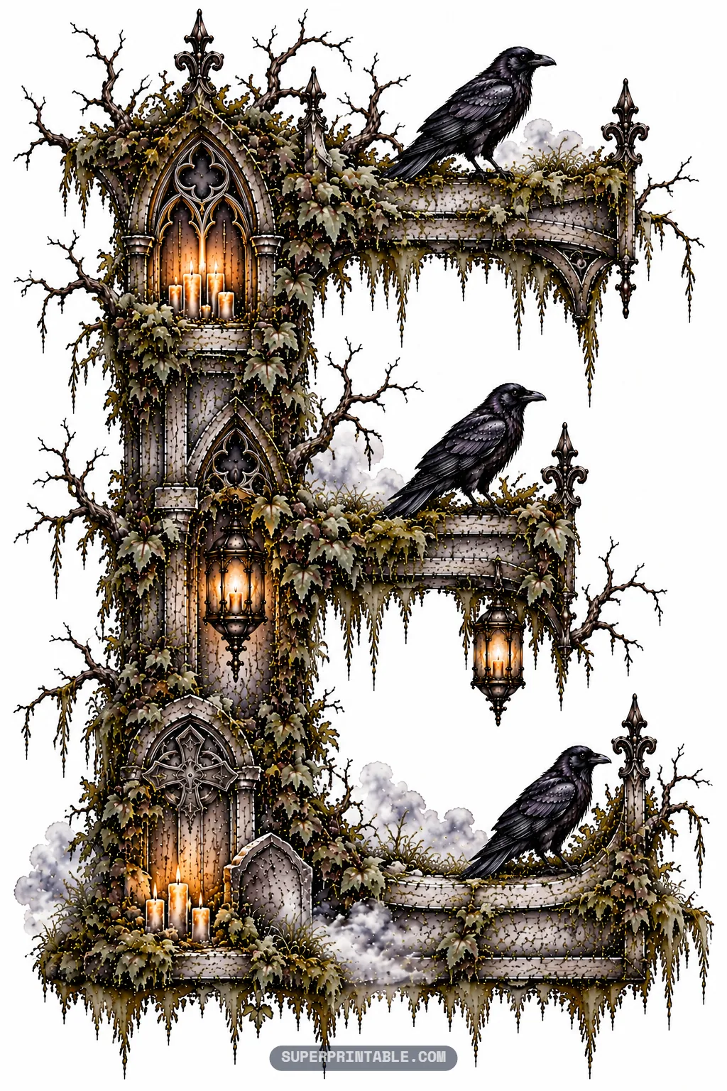 Tiered stone gothic letter E featuring three black ravens, candlelit niches, hanging lanterns, and tombstones.
